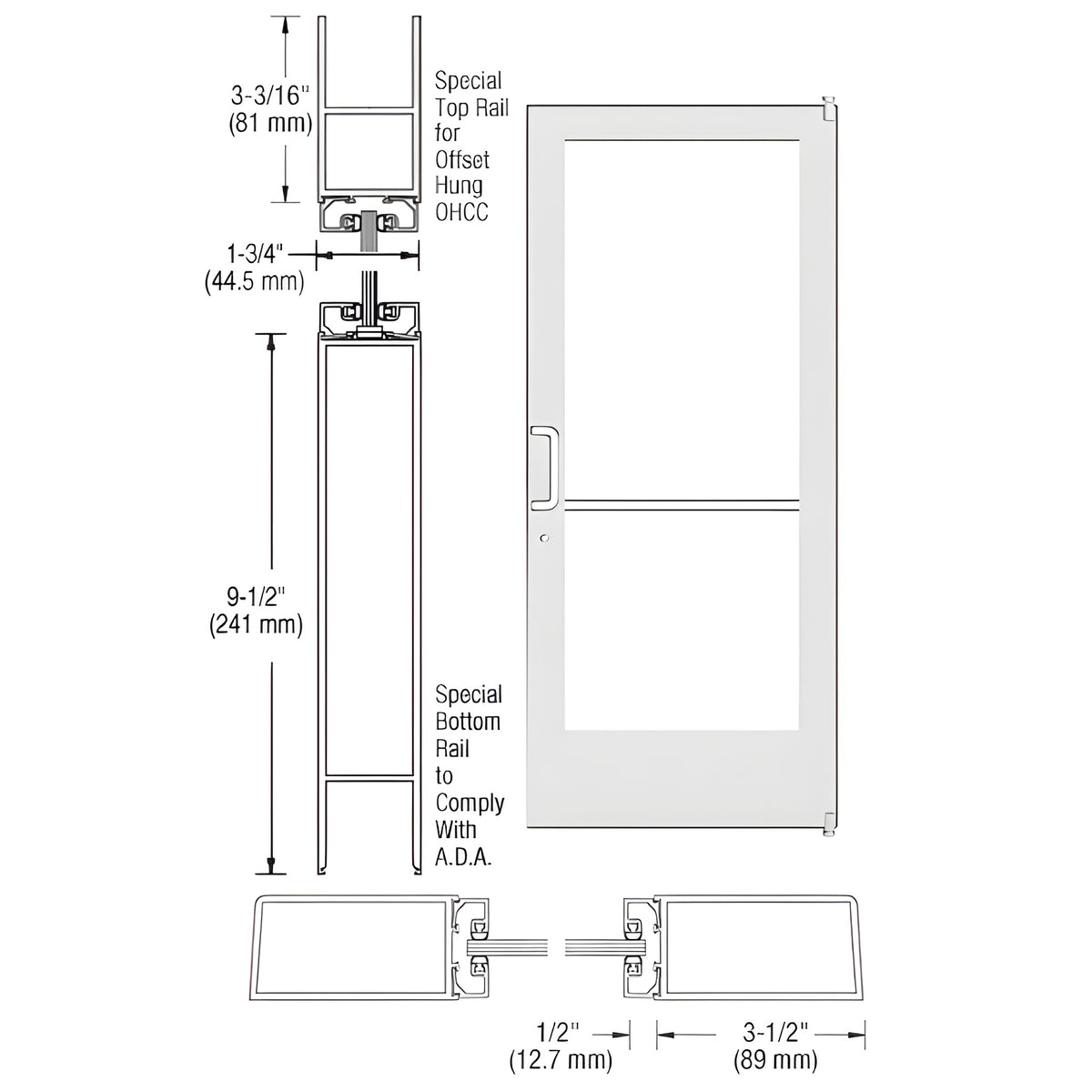 CRL-U.S. Aluminum White KYNAR® Paint Custom Single Series 400 Medium Stile Offset Pivot Entrance Door for Overhead Concealed Door Closer