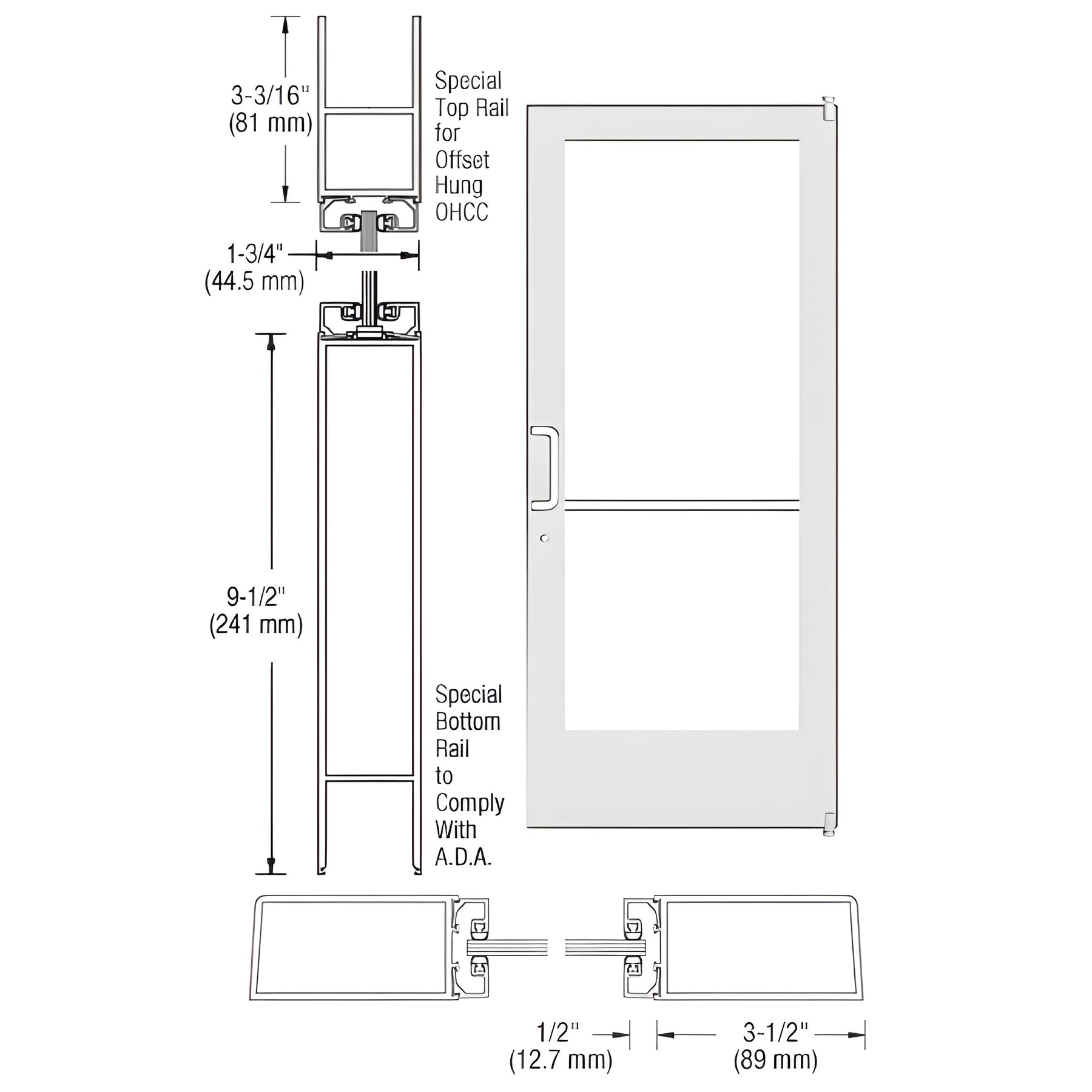 CRL-U.S. Aluminum White KYNAR® Paint Custom Single Series 400 Medium Stile Offset Pivot Entrance Door for Overhead Concealed Door Closer