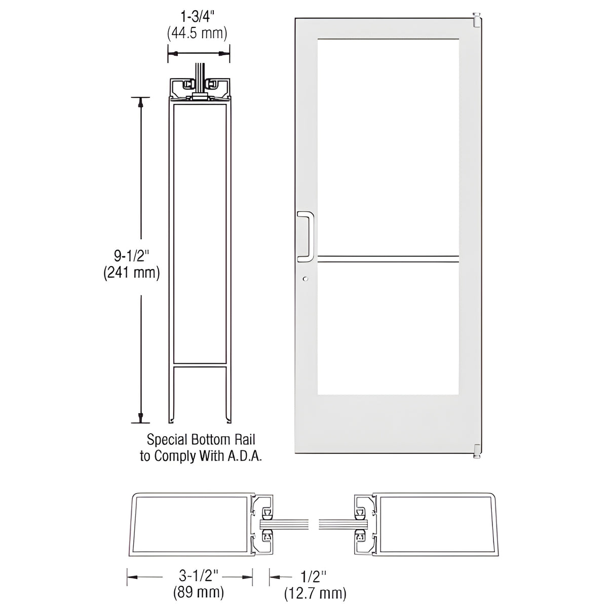 CRL-U.S. Aluminum White KYNAR® Paint Custom Single Series 400 Medium Stile Offset Pivot Entrance Door for Surface Mount Door Closer