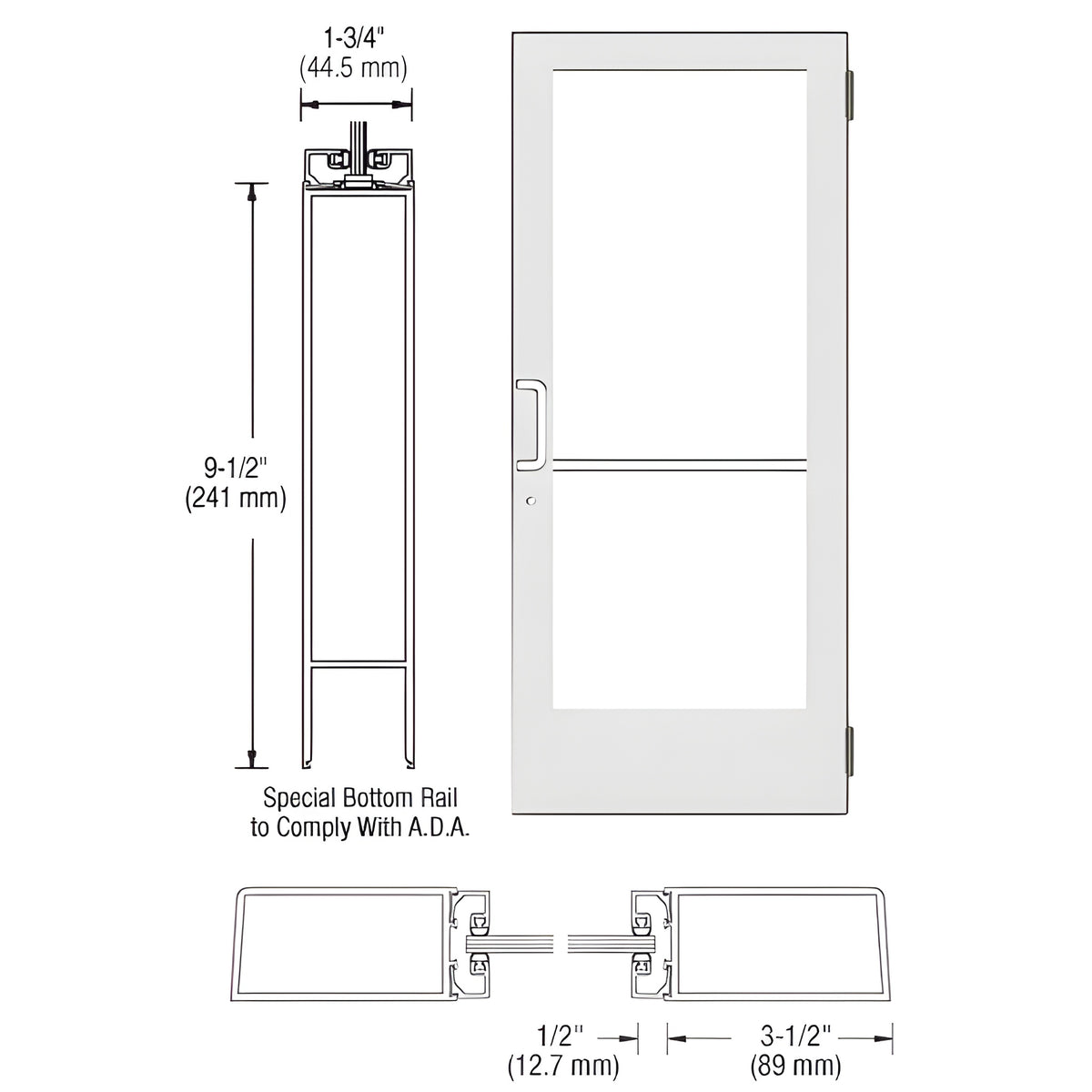CRL-U.S. Aluminum White KYNAR® Paint Custom Single Series 400 Medium Stile Butt Hinged Entrance Door for Surface Mount Door Closer