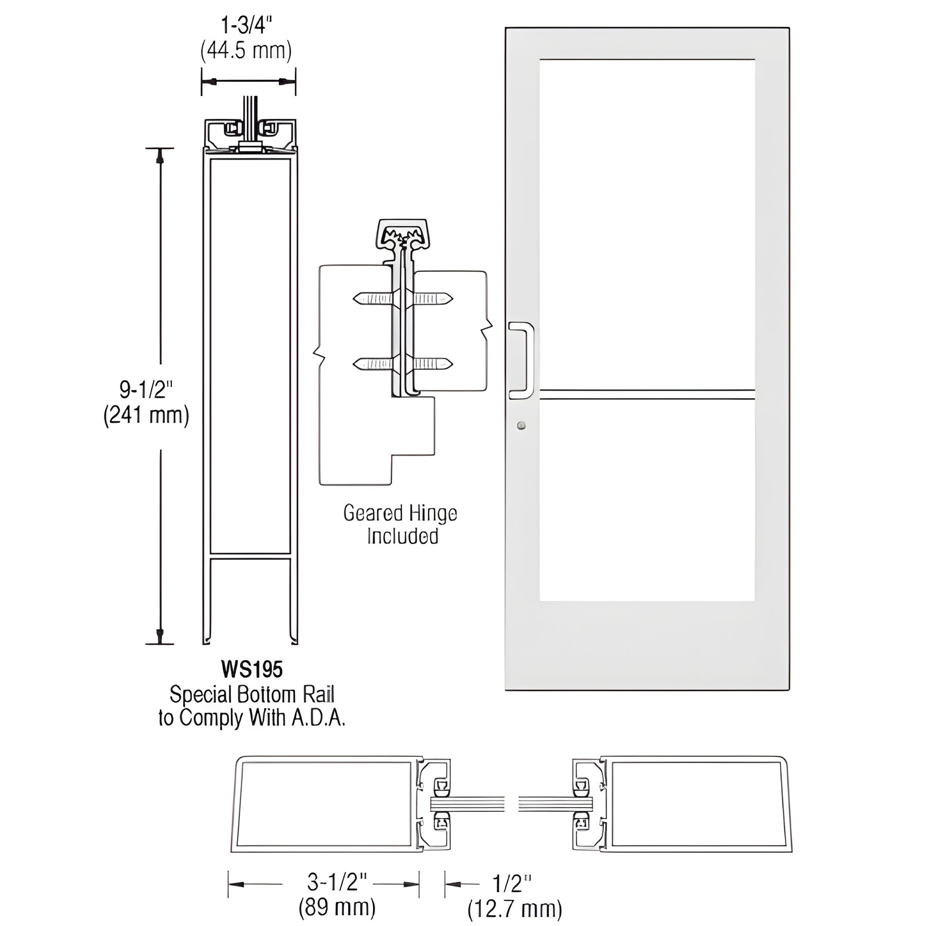 CRL-U.S. Aluminum White KYNAR® Paint Custom Single Series 400 Medium Stile Offset Hung Geared Hinge Entrance Door for Surface Mount Closer