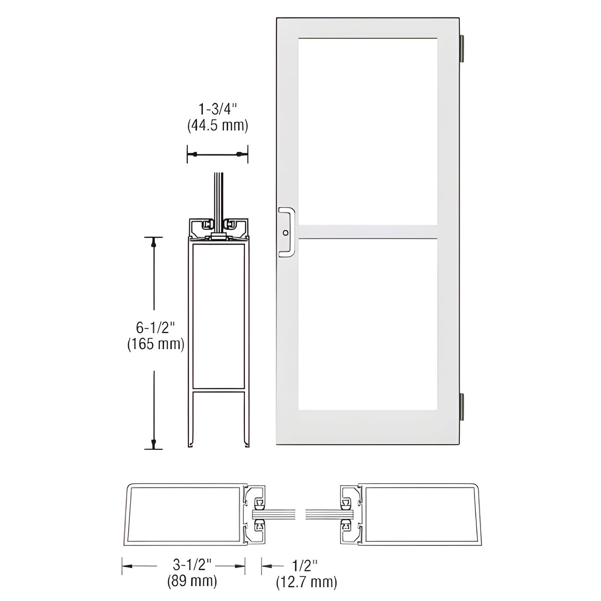 CRL-U.S. Aluminum White KYNAR® Paint Custom Single Series 400 Medium Stile Butt Hinged Entrance Door With Panic for Surface Mount Door Closer
