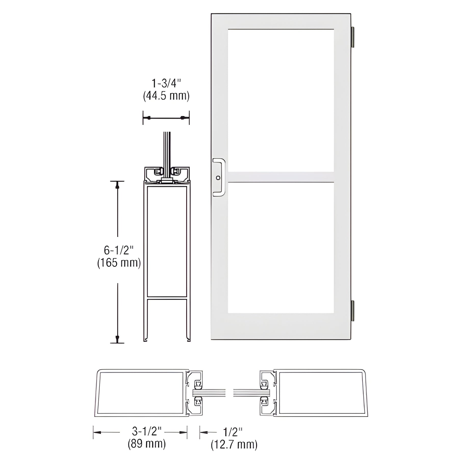 CRL-U.S. Aluminum White KYNAR® Paint Custom Single Series 400 Medium Stile Butt Hinged Entrance Door With Panic for Surface Mount Door Closer