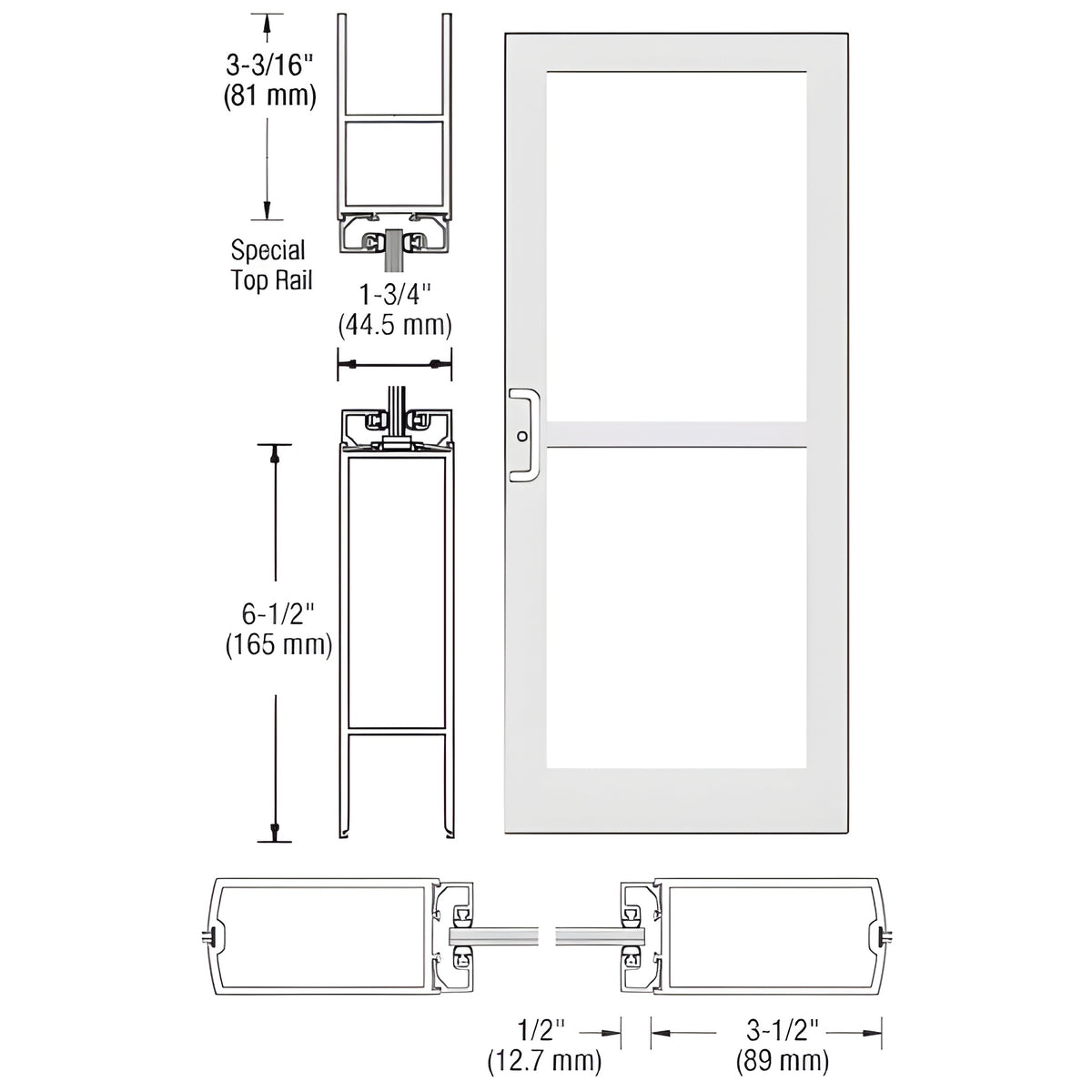 CRL-U.S. Aluminum White KYNAR® Paint Custom Single Series 400 Medium Stile Center Pivot Entrance Door For Panic and Overhead Concealed Door Closer