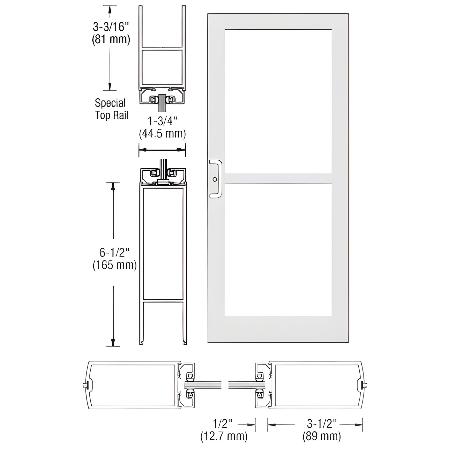 CRL-U.S. Aluminum White KYNAR® Paint Custom Single Series 400 Medium Stile Center Pivot Entrance Door For Panic and Overhead Concealed Door Closer