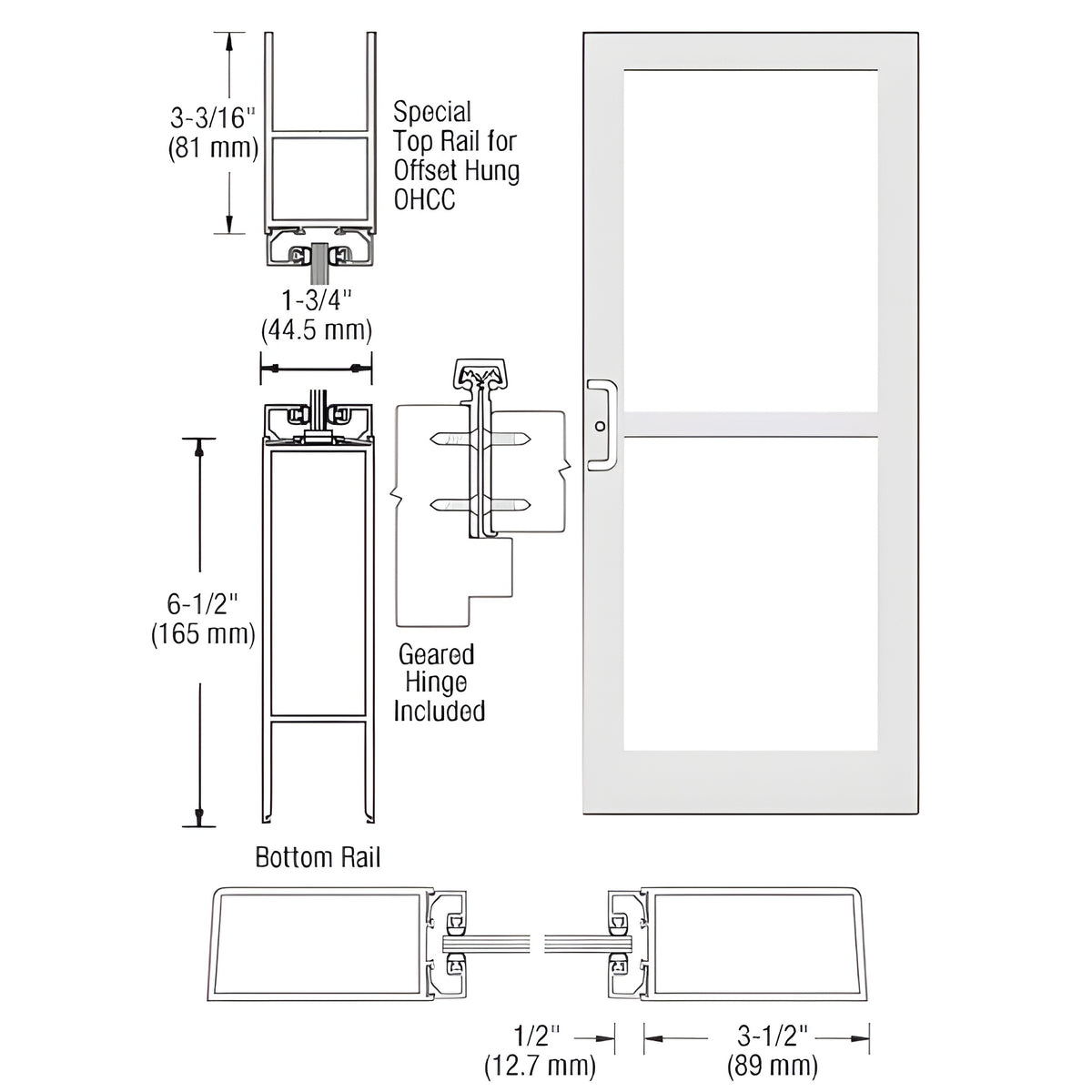 CRL-U.S. Aluminum White KYNAR® Paint Custom Single Series 400 Medium Stile Offset Hung Geared Hinge Entrance Door For Panic and Overhead Concealed Door Closer
