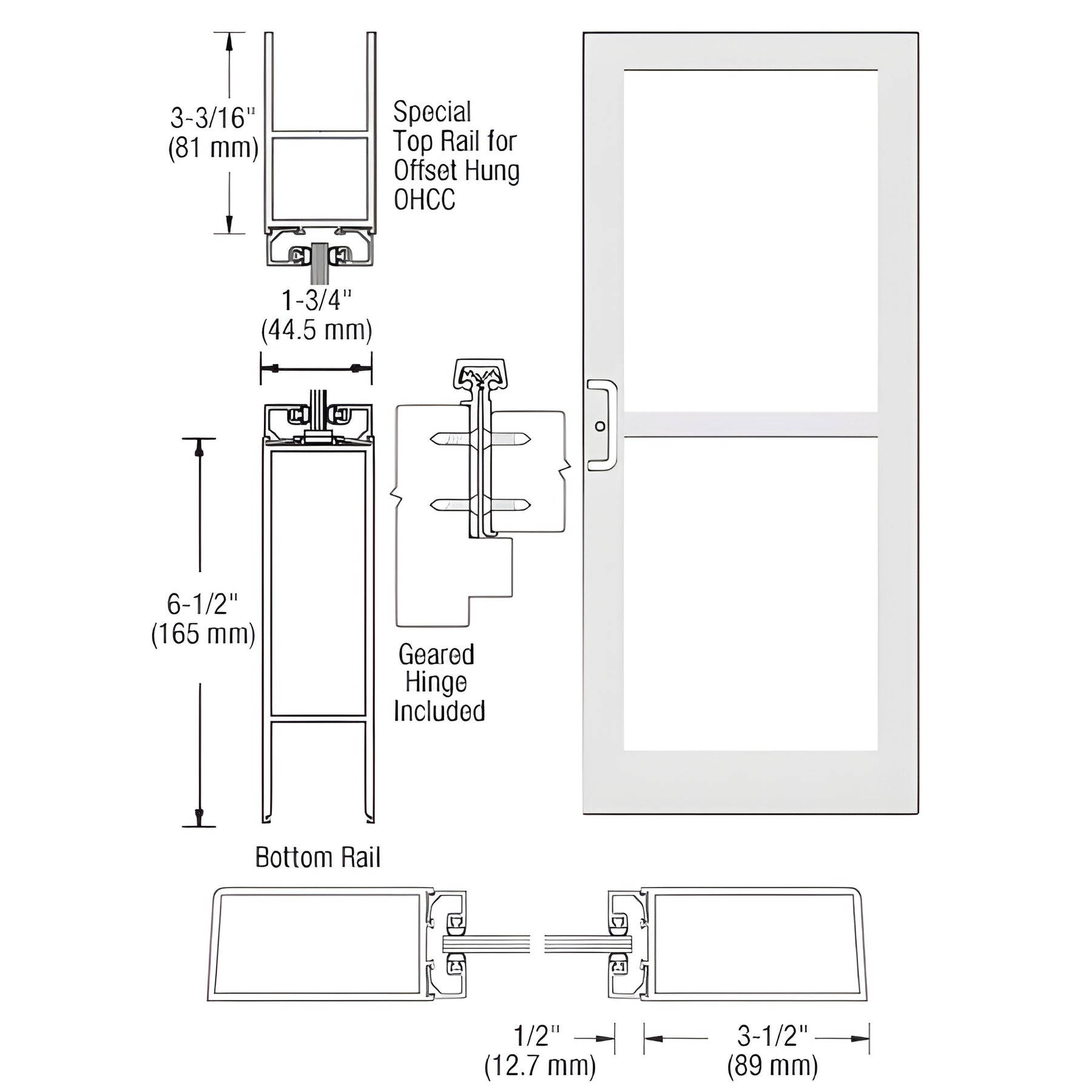 CRL-U.S. Aluminum White KYNAR® Paint Custom Single Series 400 Medium Stile Offset Hung Geared Hinge Entrance Door For Panic and Overhead Concealed Door Closer
