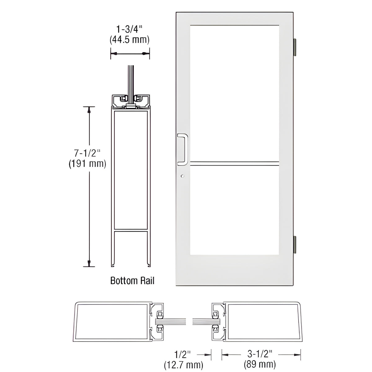 CRL-U.S. Aluminum White KYNAR® Paint Custom Single Series 400 Medium Stile Butt Hinged Entrance Door for Surface Mount Door Closer