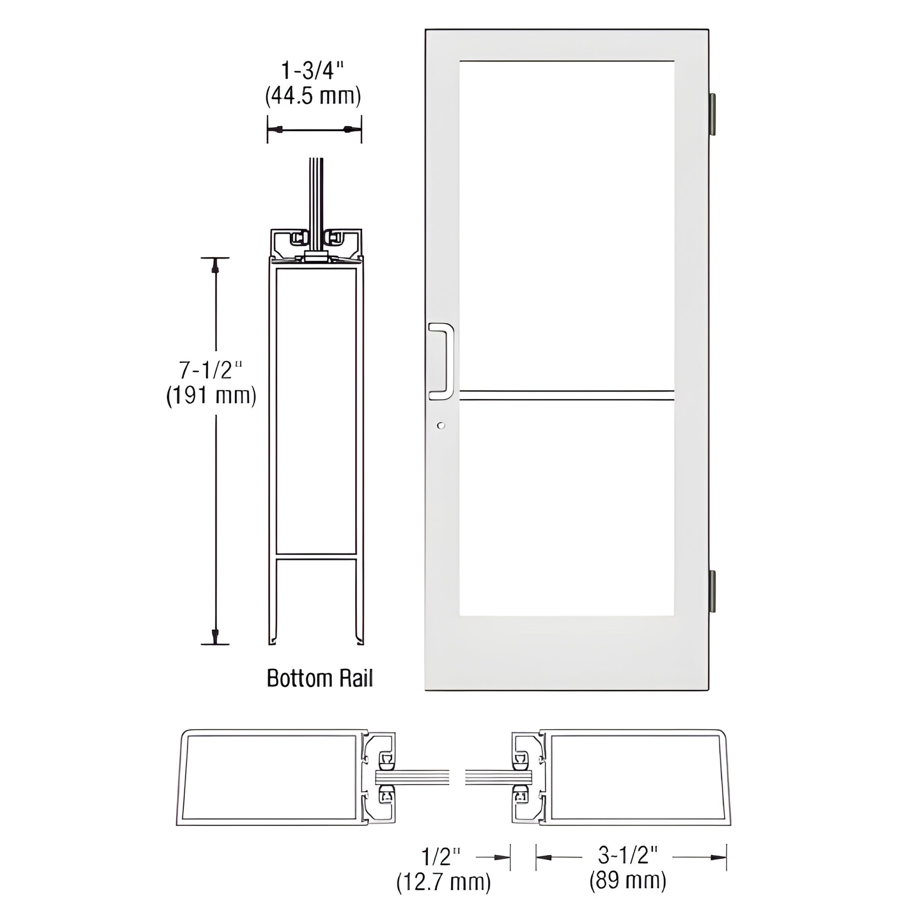 CRL-U.S. Aluminum White KYNAR® Paint Custom Single Series 400 Medium Stile Butt Hinged Entrance Door for Surface Mount Door Closer