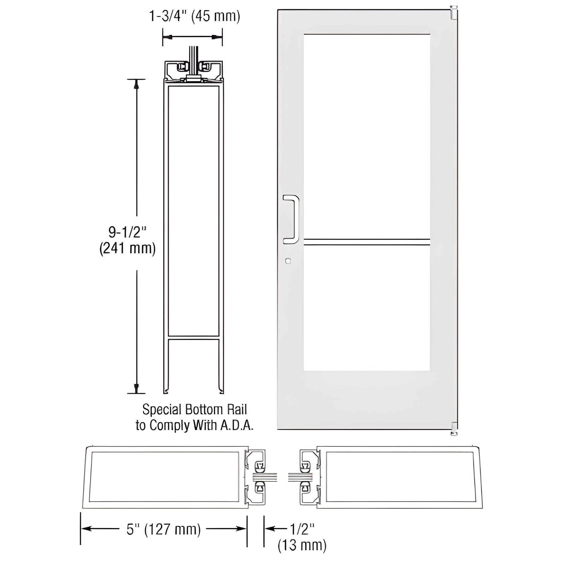 CRL-U.S. Aluminum White KYNAR® Paint Custom Single Series 550 Wide Stile Offset Pivot Entrance Door With Rim Device for Surface Mount Door Closer