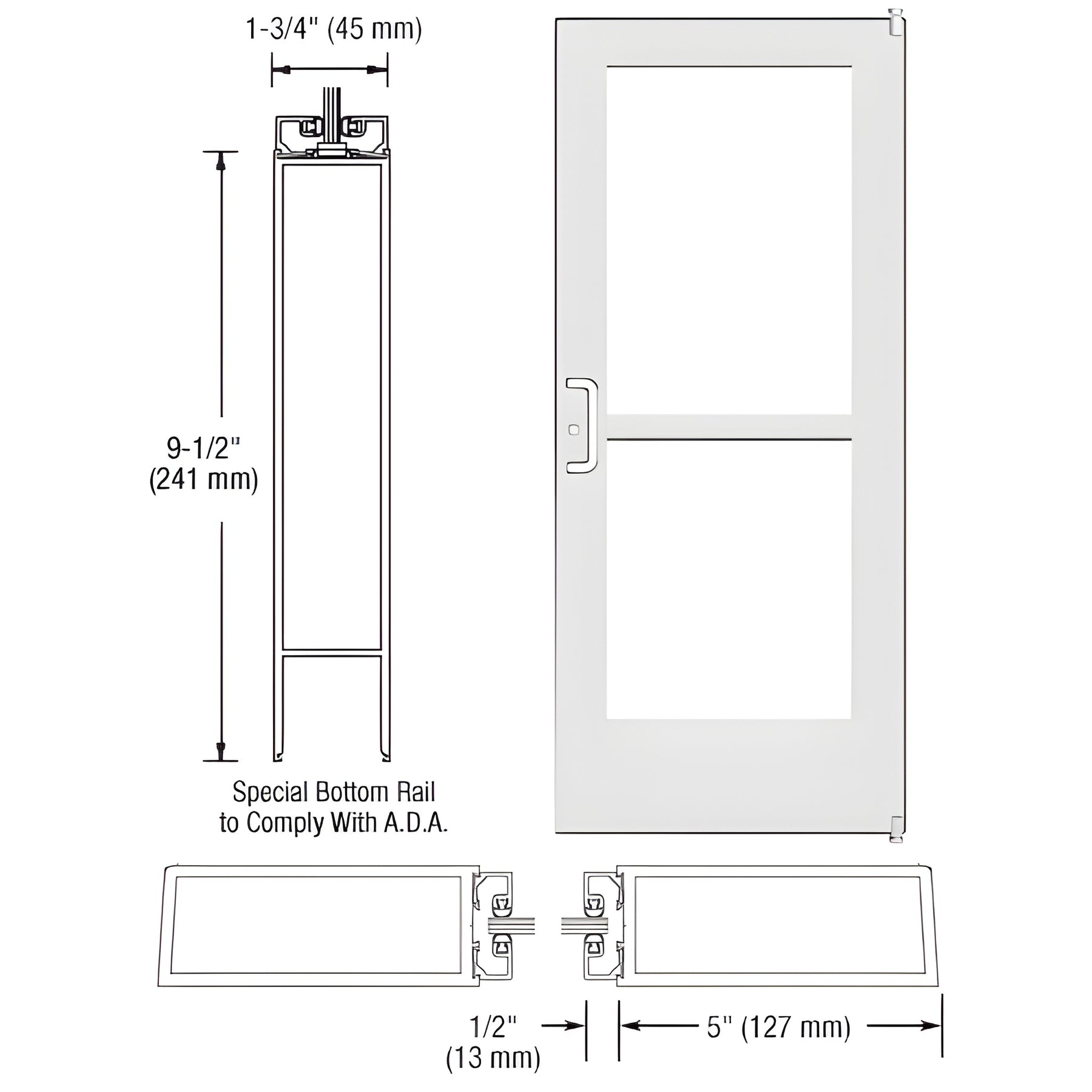 CRL-U.S. Aluminum White KYNAR® Paint Custom Single Series 550 Wide Stile Offset Pivot Entrance Door With Panic for Surface Mount Door Closer