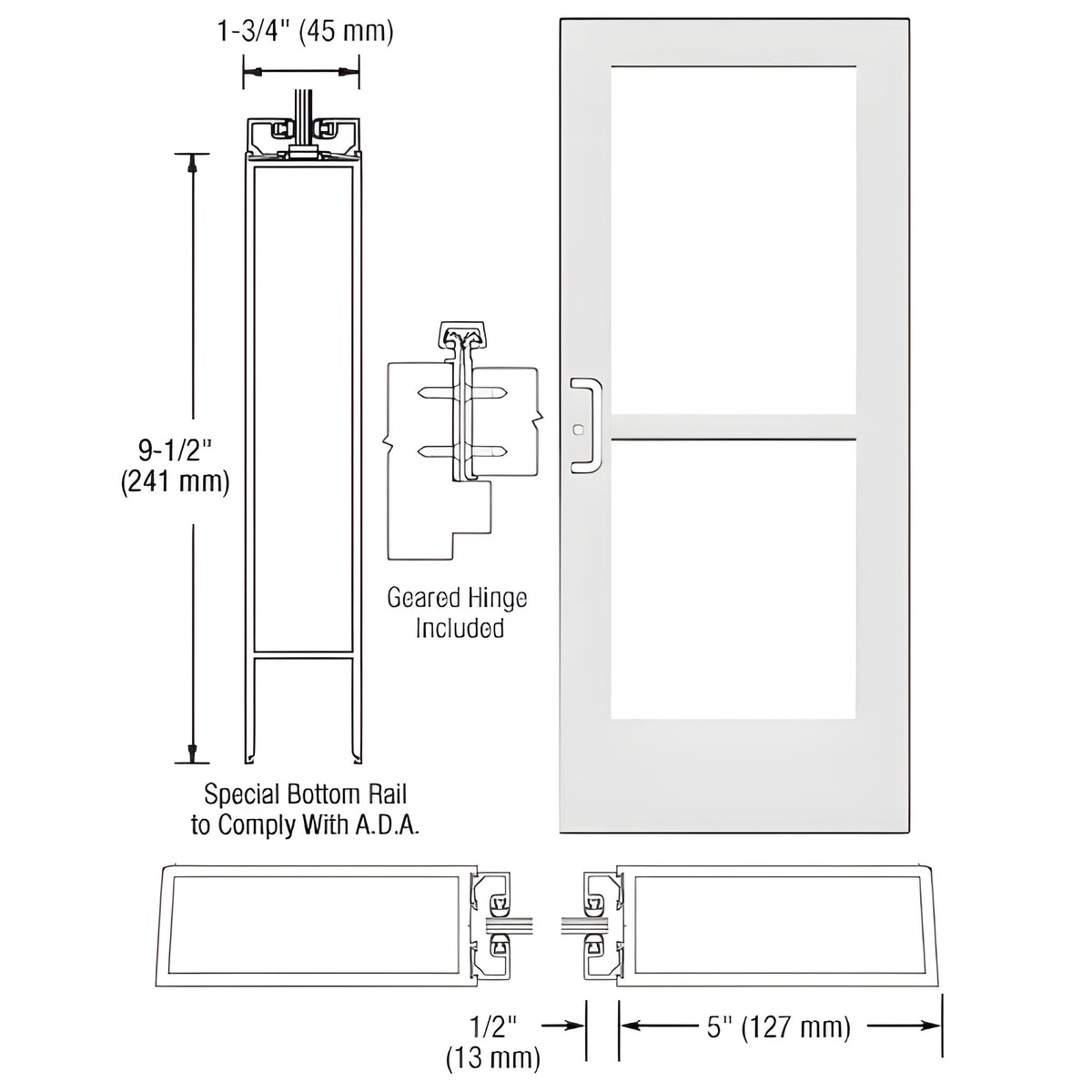 CRL-U.S. Aluminum White KYNAR® Paint Custom Single Series 550 Wide Stile Geared Hinge Entrance Door With Panic for Surface Mount Door Closer