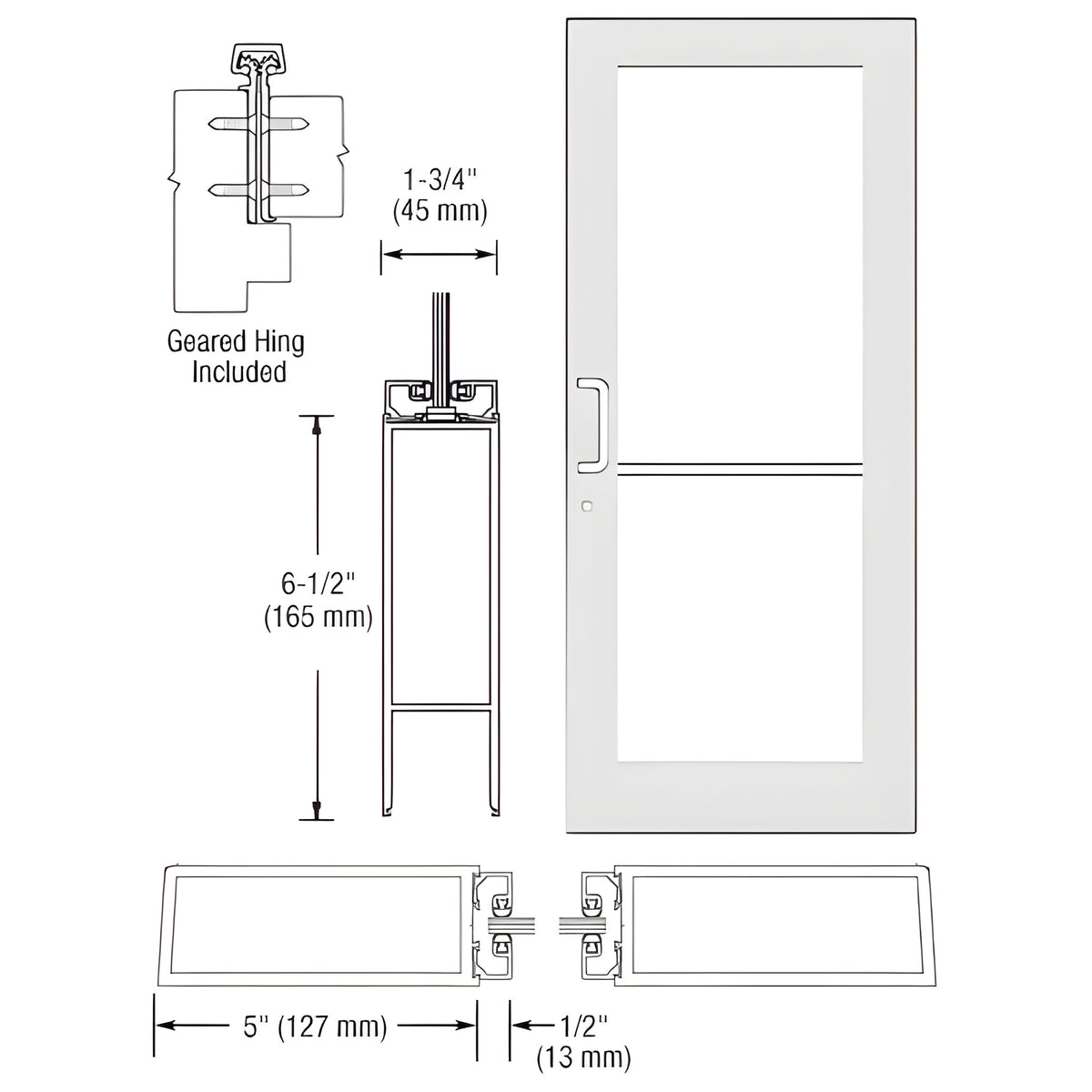 CRL-U.S. Aluminum White KYNAR® Paint Custom Single Series 550 Wide Stile Geared Hinge Entrance Door for Surface Mount Door Closer