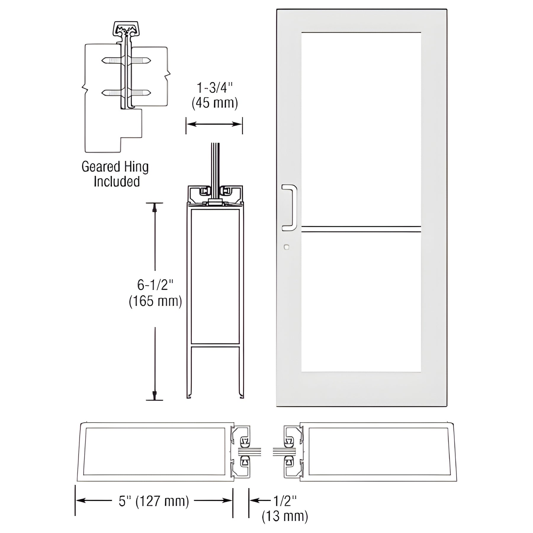 CRL-U.S. Aluminum White KYNAR® Paint Custom Single Series 550 Wide Stile Geared Hinge Entrance Door for Surface Mount Door Closer