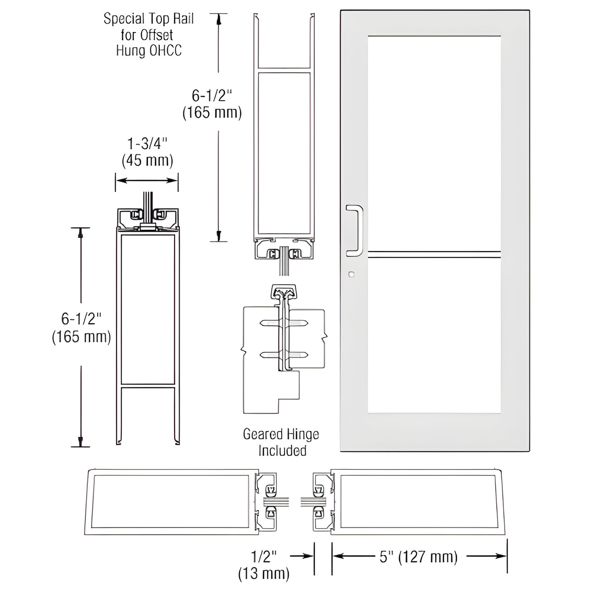 CRL-U.S. Aluminum White KYNAR® Paint Custom Single Series 550 Wide Stile Geared Hinge Entrance Door for Overhead Concealed Door Closer