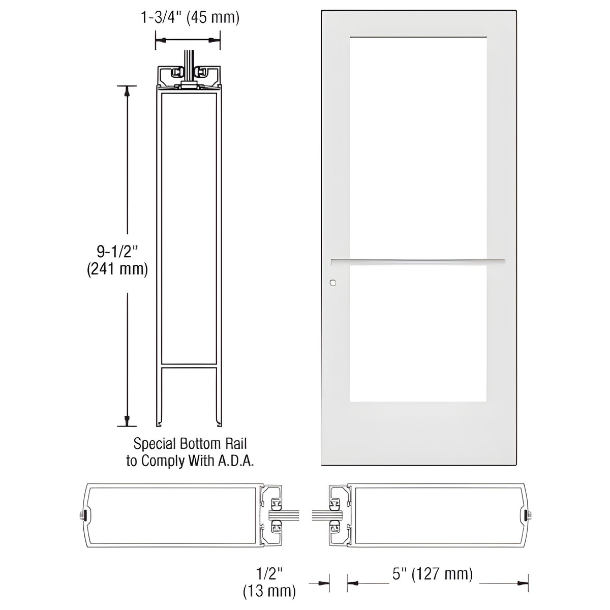 CRL-U.S. Aluminum White KYNAR® Paint Custom Single Series 550 Wide Stile Center Pivot Entrance Door for Overhead Concealed Door Closer