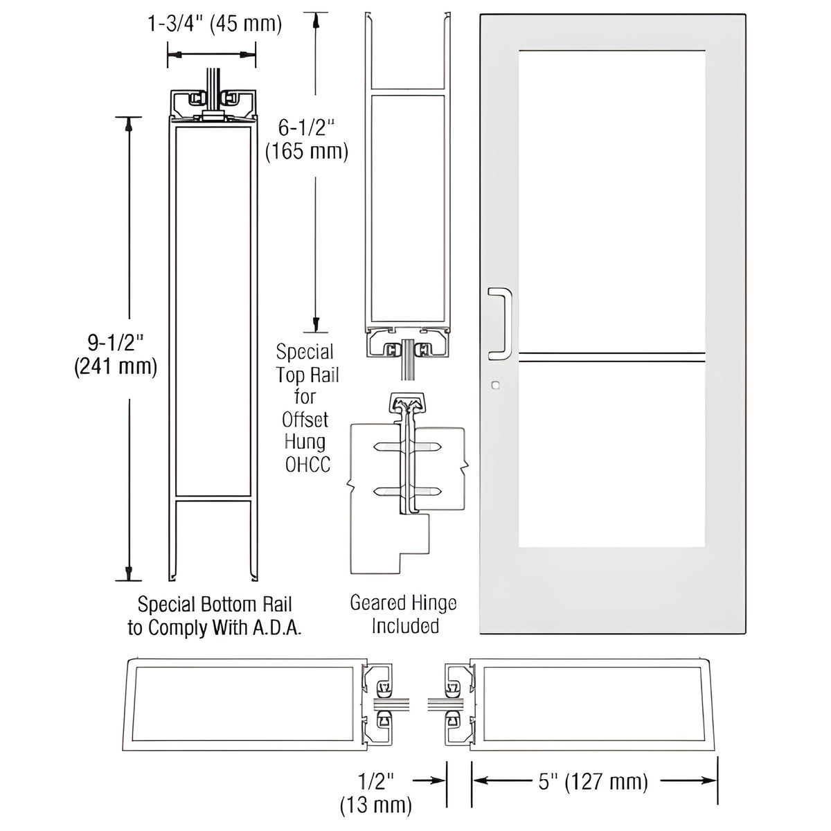 CRL-U.S. Aluminum White KYNAR® Paint Custom Single Series 550 Wide Stile Geared Hinge Entrance Door for Overhead Concealed Door Closers