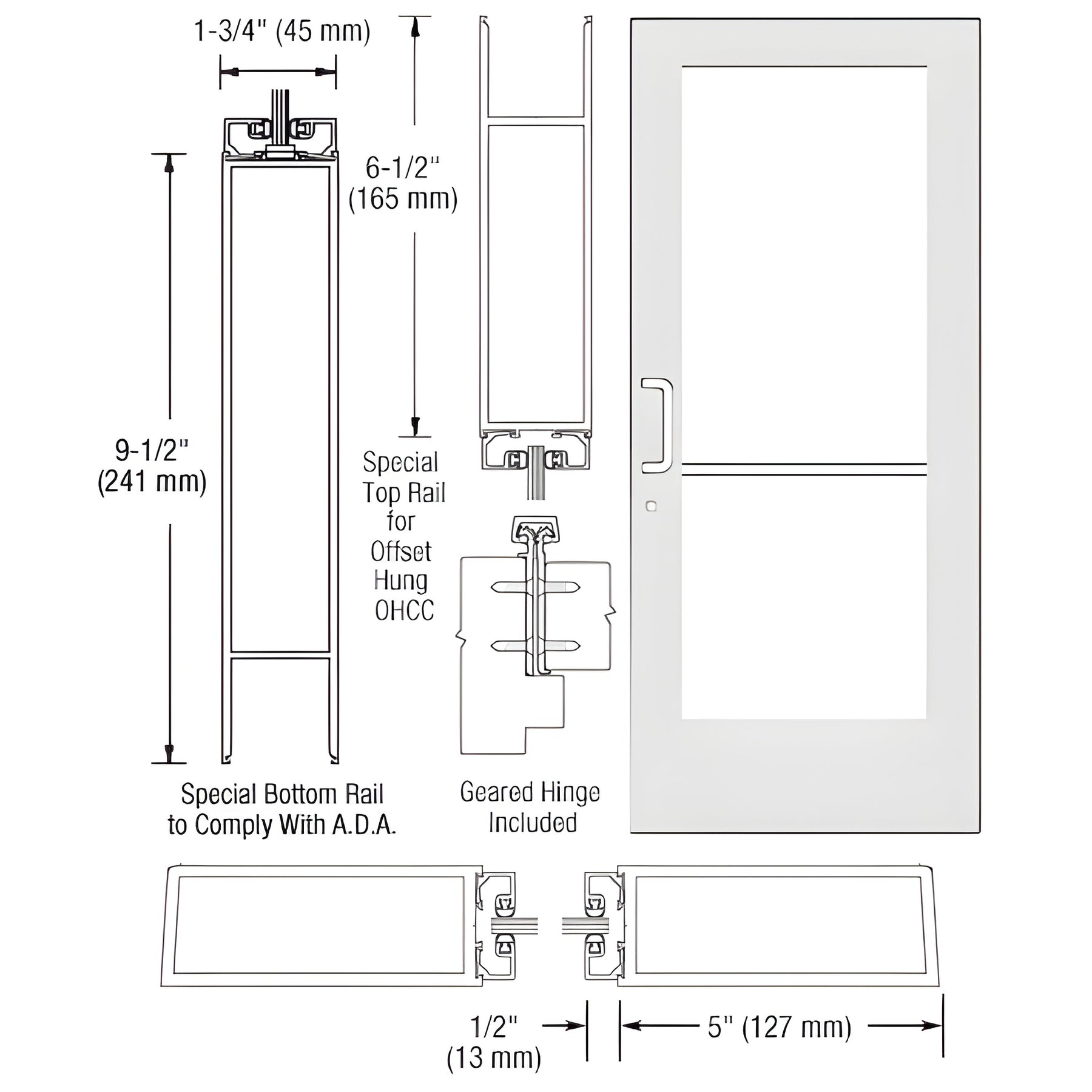 CRL-U.S. Aluminum White KYNAR® Paint Custom Single Series 550 Wide Stile Geared Hinge Entrance Door for Overhead Concealed Door Closers