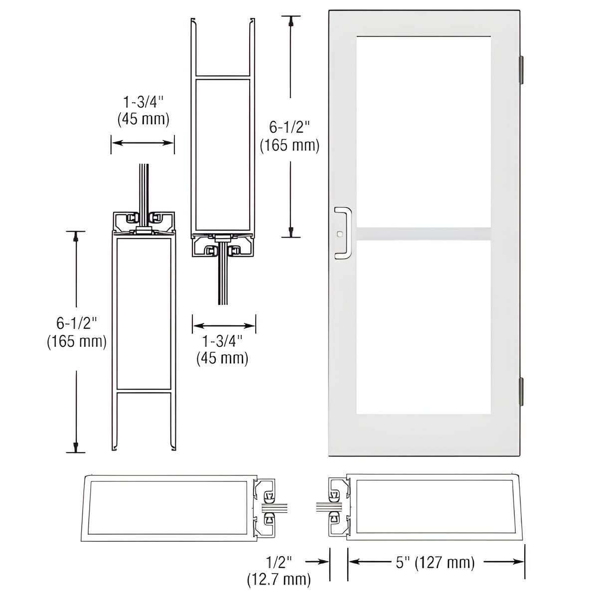 CRL-U.S. Aluminum White KYNAR® Paint Custom Single Series 550 Wide Stile Butt Hinged Entrance Door For Panic and Overhead Concealed Door Closer