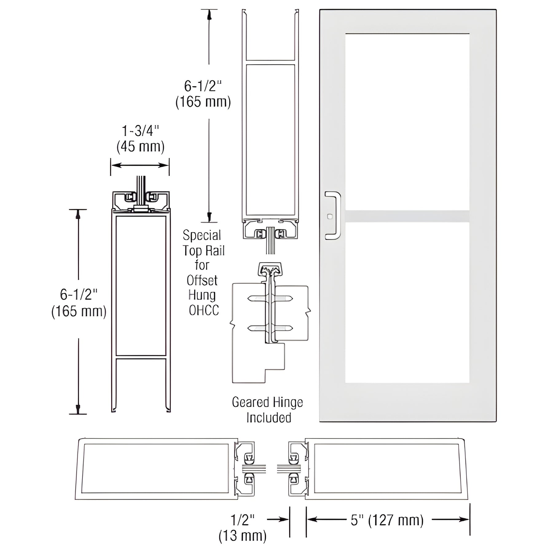 CRL-U.S. Aluminum White KYNAR® Paint Custom Single Series 550 Wide Stile Geared Hinge Entrance Door for Panic and Overhead Concealed Door Closer