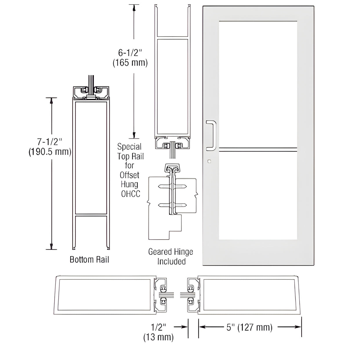 CRL-U.S. Aluminum White KYNAR® Paint Custom Single Series 550 Wide Stile Geared Hinge Entrance Door for Overhead Concealed Door Closer