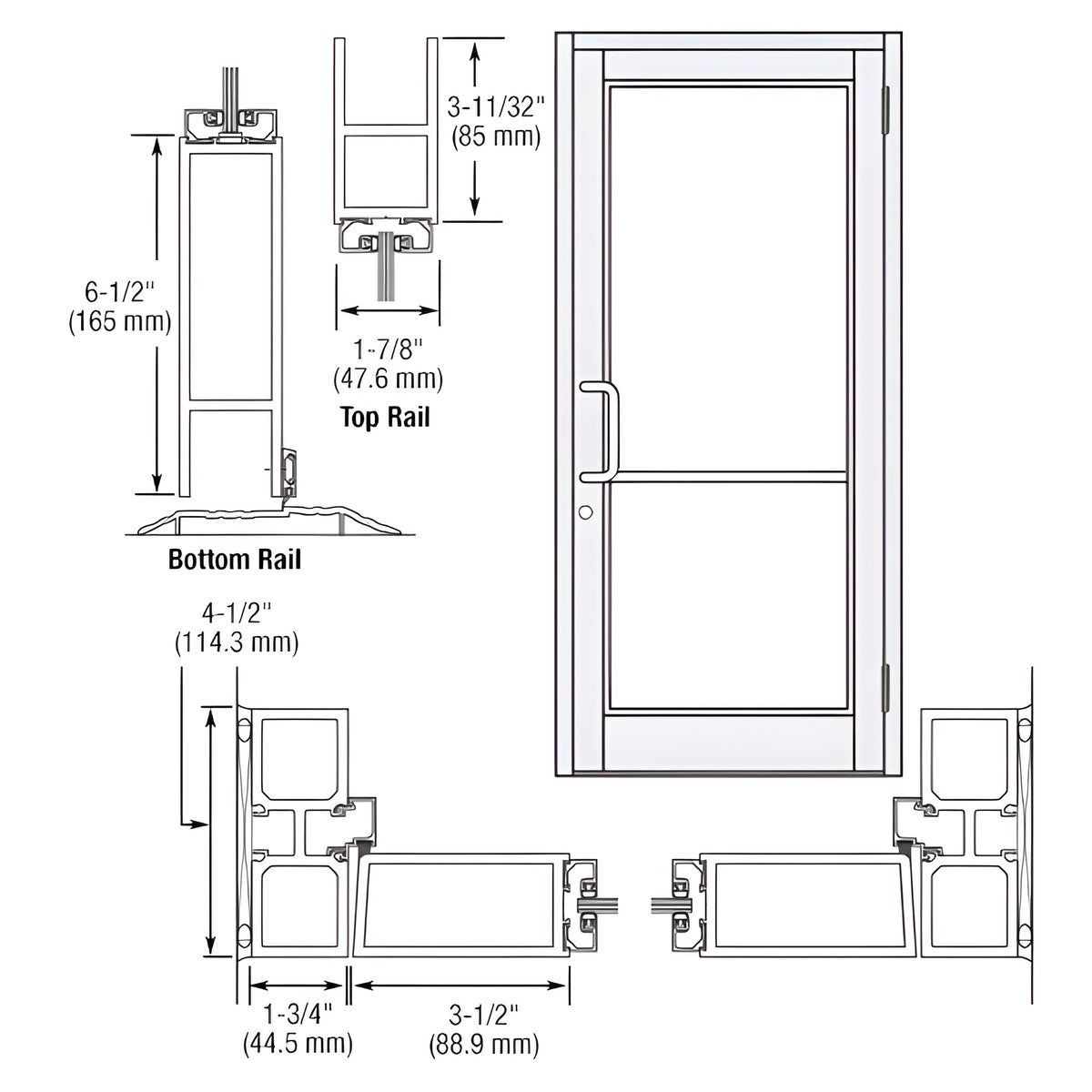 CRL-U.S. Aluminum White KYNAR® Paint Custom Single Series 800 Durafront Medium Stile Butt Hinge Entrance Door for Surface Mount Door Closer