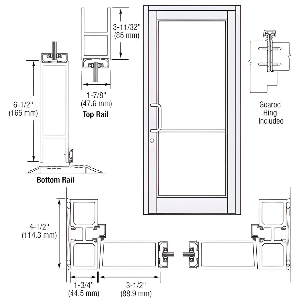CRL-U.S. Aluminum White KYNAR® Paint Custom Single Series 800 Durafront Medium Stile Geared Hinge Entrance Door for Surface Mount Door Closer