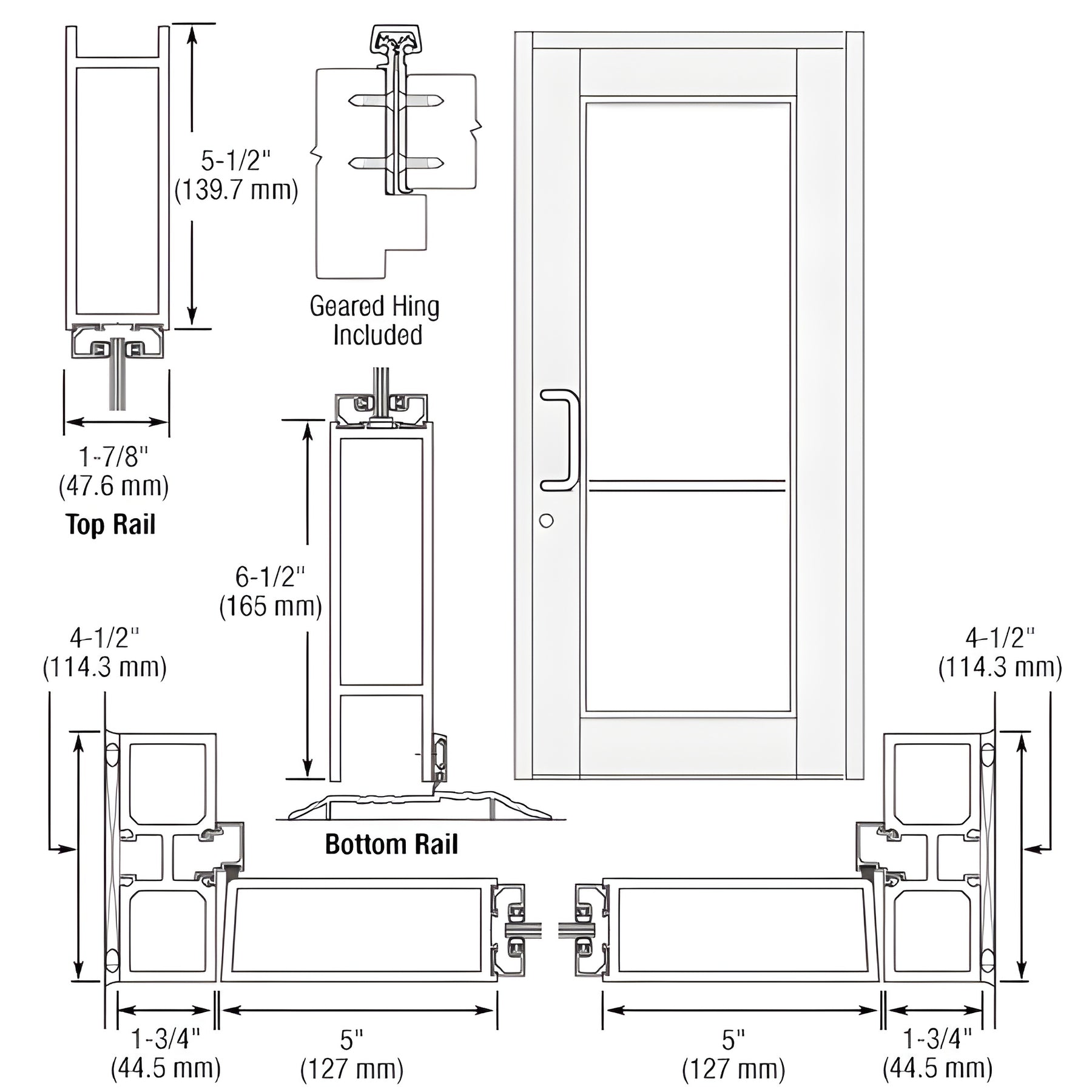 CRL-U.S. Aluminum White KYNAR® Paint Custom Single Series 850 Durafront Wide Stile Geared Hinge Entrance Door for Surface Mount Door Closer