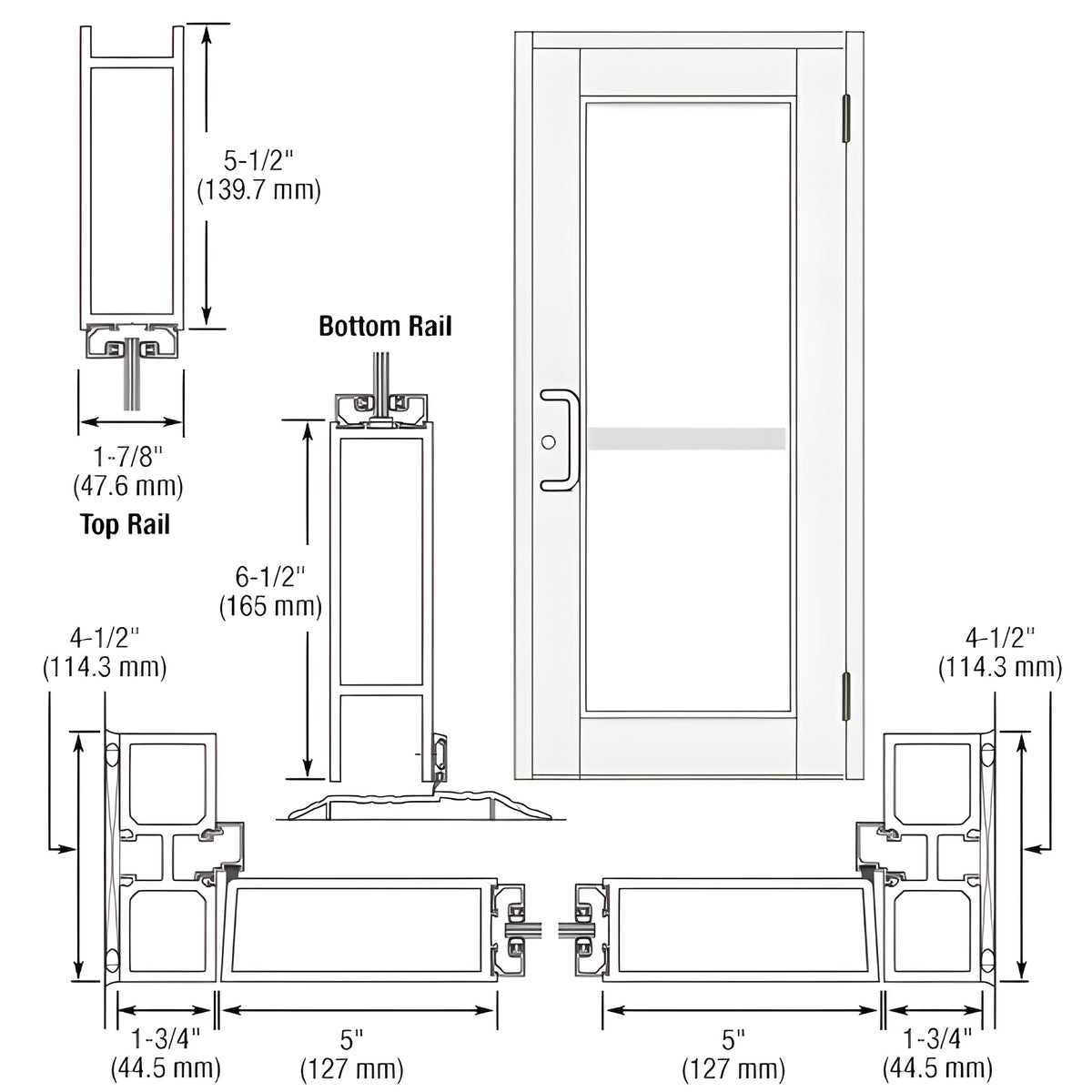 CRL-U.S. Aluminum White KYNAR® Paint Custom Single Series 850 Durafront Wide Stile Butt Hinged Entrance Door For Panic and Surface Mount Door Closer