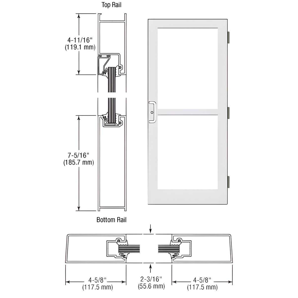 CRL-U.S. Aluminum White KYNAR® Paint Custom Single StormFront™ Series 400 Medium Stile Butt Hinged Entrance Door For Panic and Surface Mount Door Closer