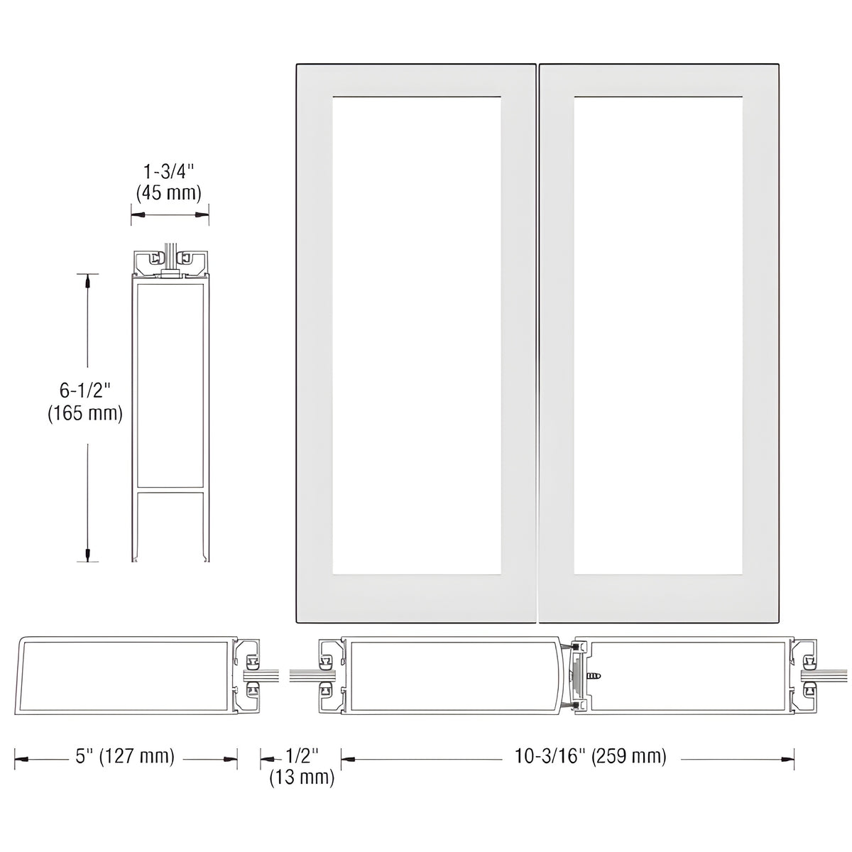 CRL-U.S. Aluminum White KYNAR® Paint Custom Size Blank Pair 550 Wide Offset Stile Entrance Doors - No Prep