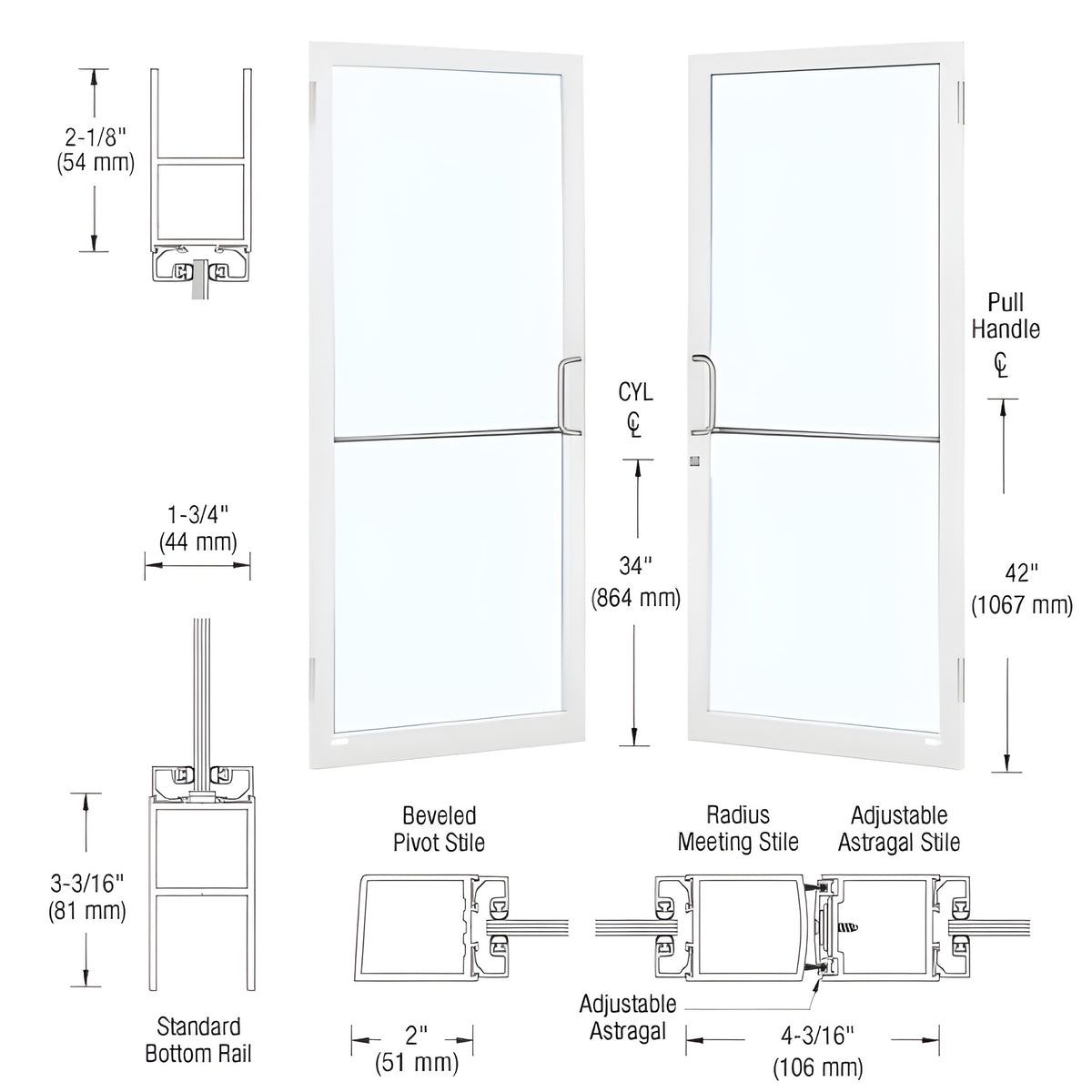 CRL-U.S. Aluminum White KYNAR® Paint Custom Size Pair Series 250 Narrow Stile Butt Hinge Showroom Doors for Surface Mount Door Closers