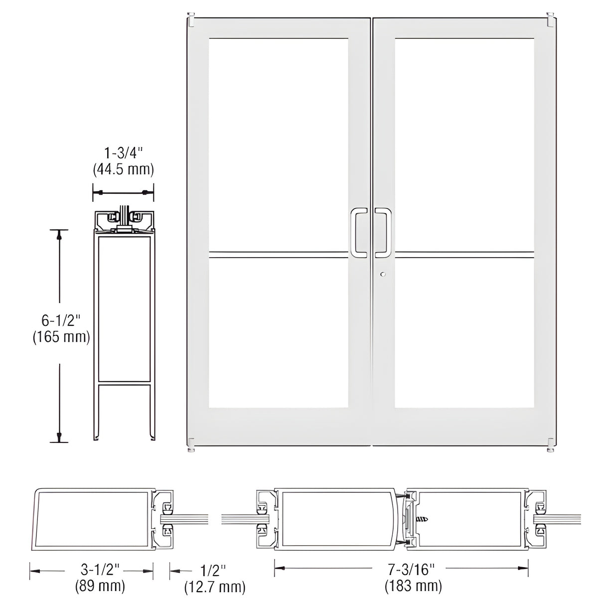 CRL-U.S. Aluminum White KYNAR® Paint Custom Size Pair Series 400 Medium Stile Offset Pivot Showroom Doors for Surface Mount Door Closers