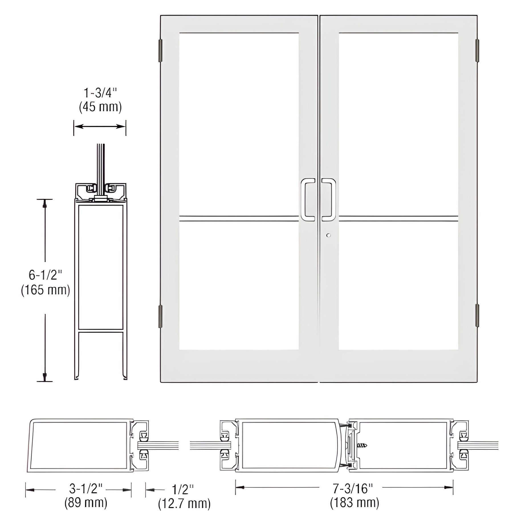 CRL-U.S. Aluminum White KYNAR® Paint Custom Size Pair Series 400 Medium Stile Butt Hinge Showroom Door for Surface Mount Door Closers