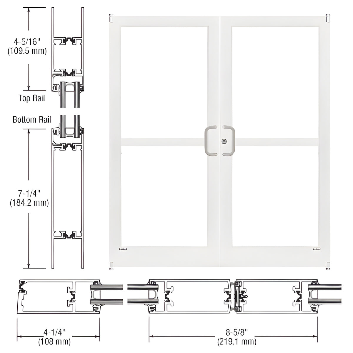 CRL-U.S. Aluminum White KYNAR® Paint Custom Size Pair Series 400T Thermal Medium Stile Offset Pivot Entrance Doors with Panics for Surface Mount Door Closers