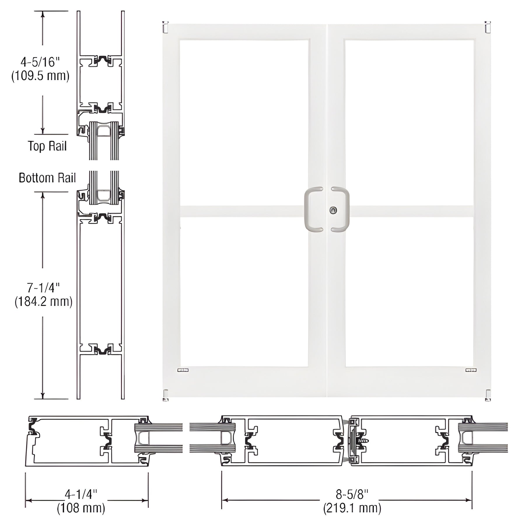 CRL-U.S. Aluminum White KYNAR® Paint Custom Size Pair Series 400T Thermal Medium Stile Offset Pivot Entrance Doors with Panics for Surface Mount Door Closers