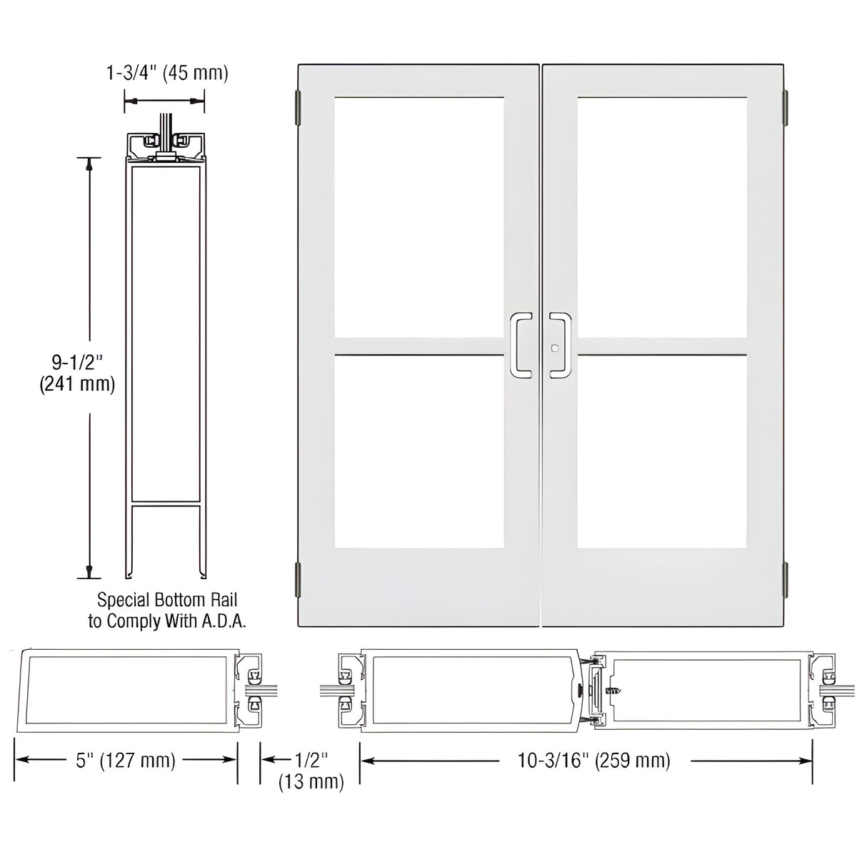 CRL-U.S. Aluminum White KYNAR® Paint Custom Size Pair Series 550 Wide Stile Butt Hinge Entrance Door With Panics for Surface Mount Door Closers