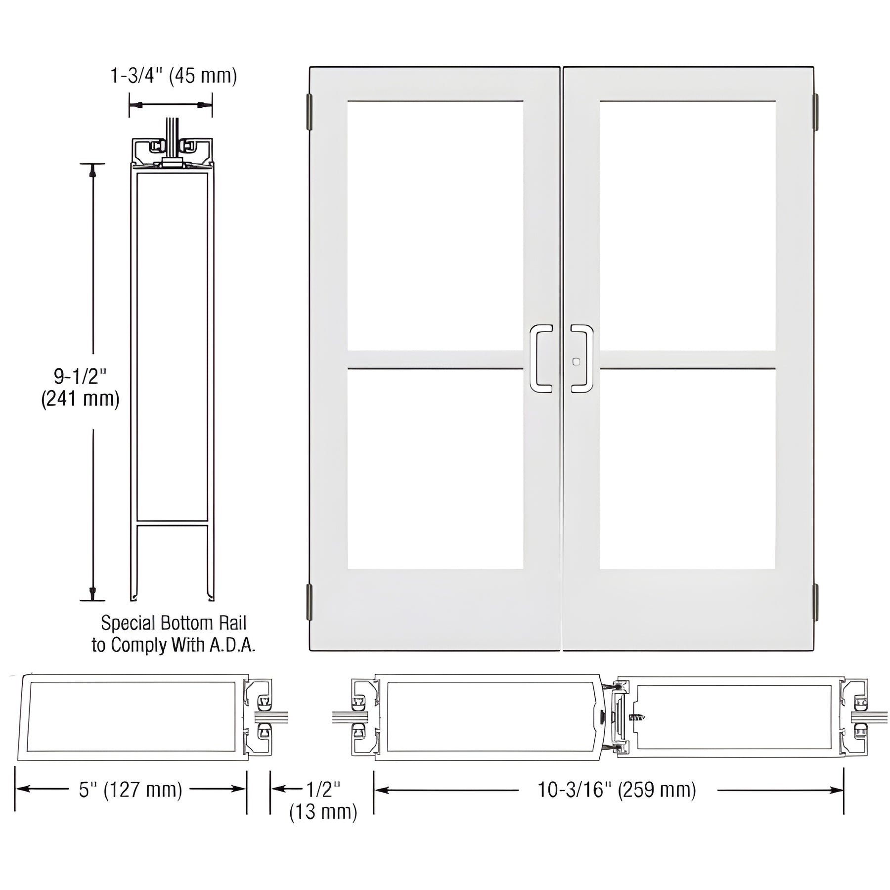 CRL-U.S. Aluminum White KYNAR® Paint Custom Size Pair Series 550 Wide Stile Butt Hinge Entrance Door With Panics for Surface Mount Door Closers