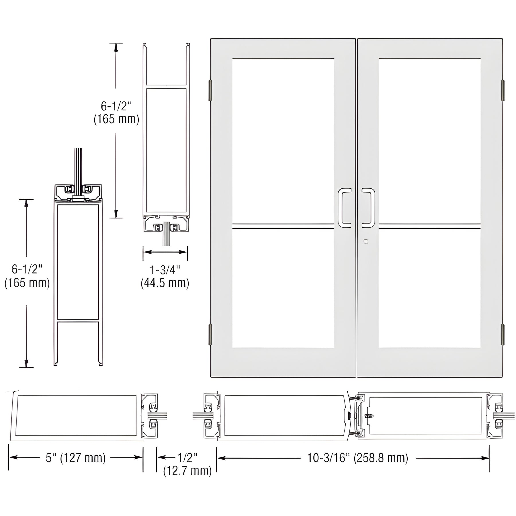 CRL-U.S. Aluminum White KYNAR® Paint Custom Size Pair Series 550 Wide Stile Butt Hinge Entrance Door for Overhead Concealed Door Closers