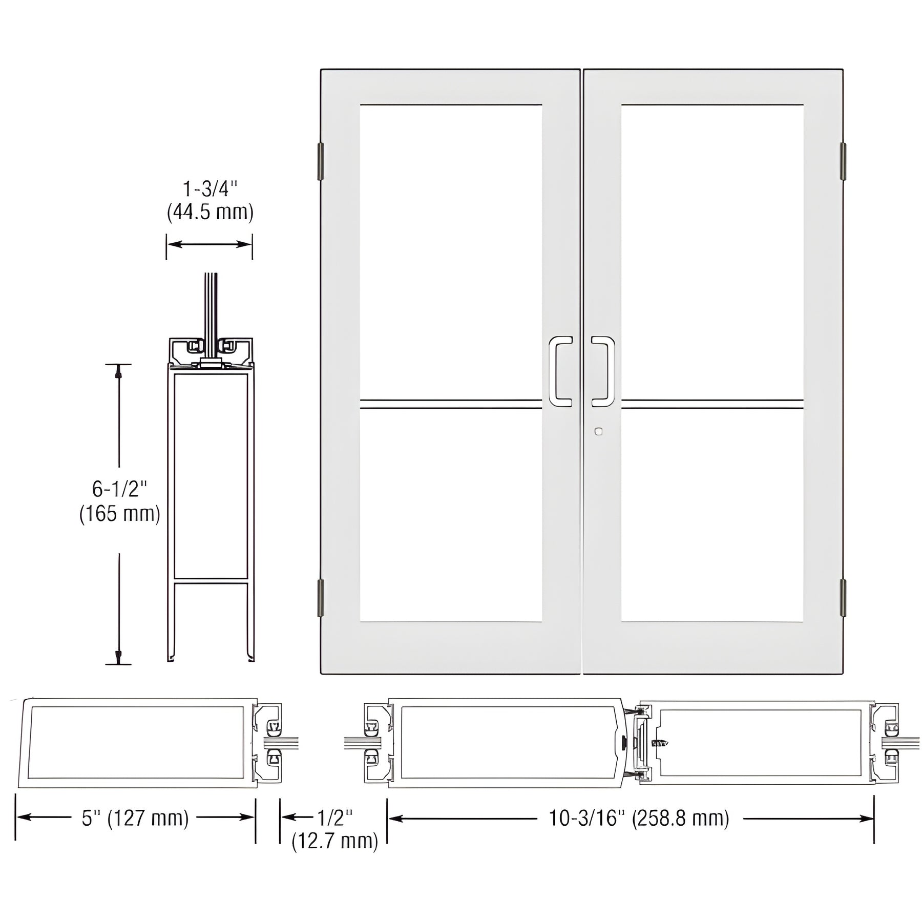 CRL-U.S. Aluminum White KYNAR® Paint Custom Size Pair Series 550 Wide Stile Butt Hinge Entrance Doors for Surface Mount Door Closers