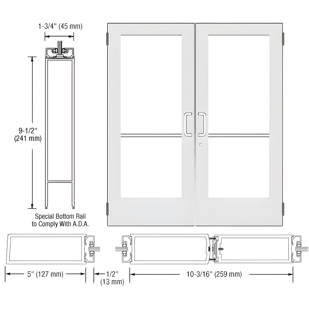 CRL-U.S. Aluminum White KYNAR® Paint Custom Size Pair Series 550 Wide Stile Butt Hinge Entrance Door for Surface Mount Door Closers