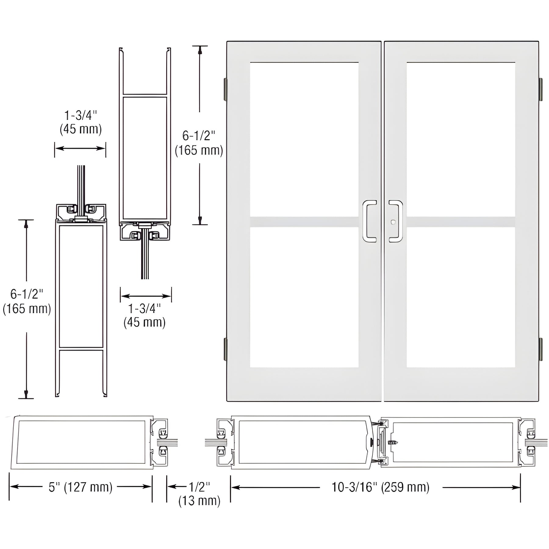 CRL-U.S. Aluminum White KYNAR® Paint Custom Size Pair Series 550 Wide Stile Butt Hinge Entrance Door For Panics and Overhead Concealed Door Closers