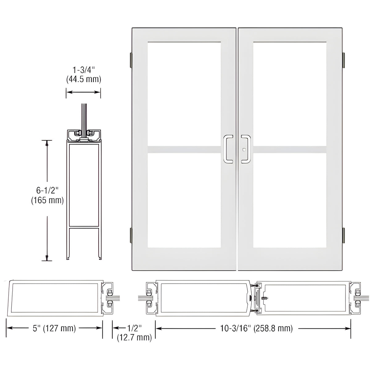 CRL-U.S. Aluminum White KYNAR® Paint Custom Size Pair Series 550 Wide Stile Butt Hinge Entrance Door For Panics and Surface Mount Door Closers