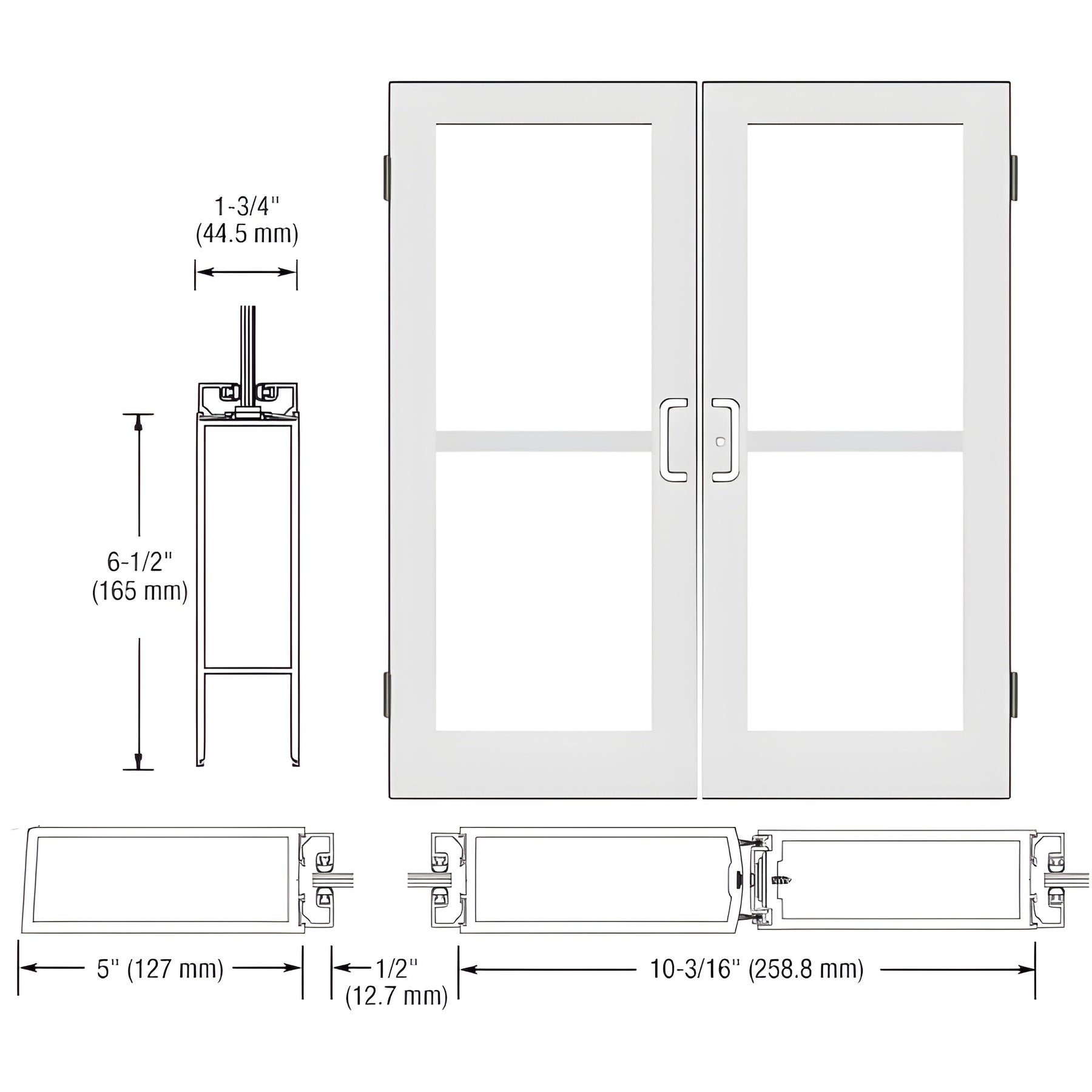 CRL-U.S. Aluminum White KYNAR® Paint Custom Size Pair Series 550 Wide Stile Butt Hinge Entrance Door For Panics and Surface Mount Door Closers