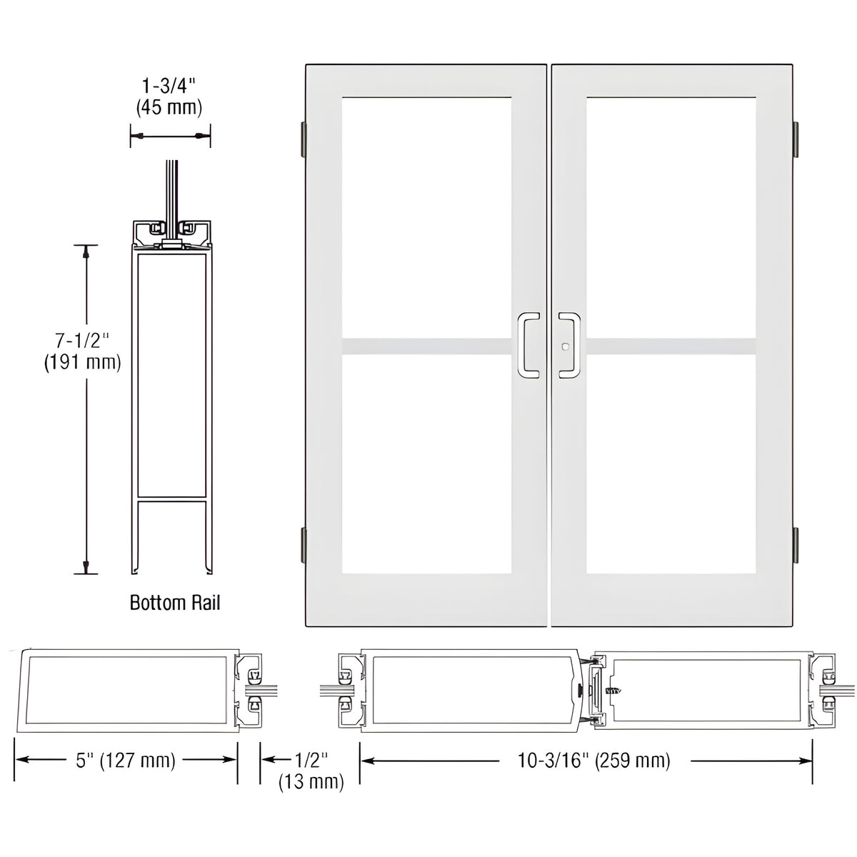 CRL-U.S. Aluminum White KYNAR® Paint Custom Size Pair Series 550 Wide Stile Butt Hinge Entrance Door With Panics for Surface Mount Door Closers