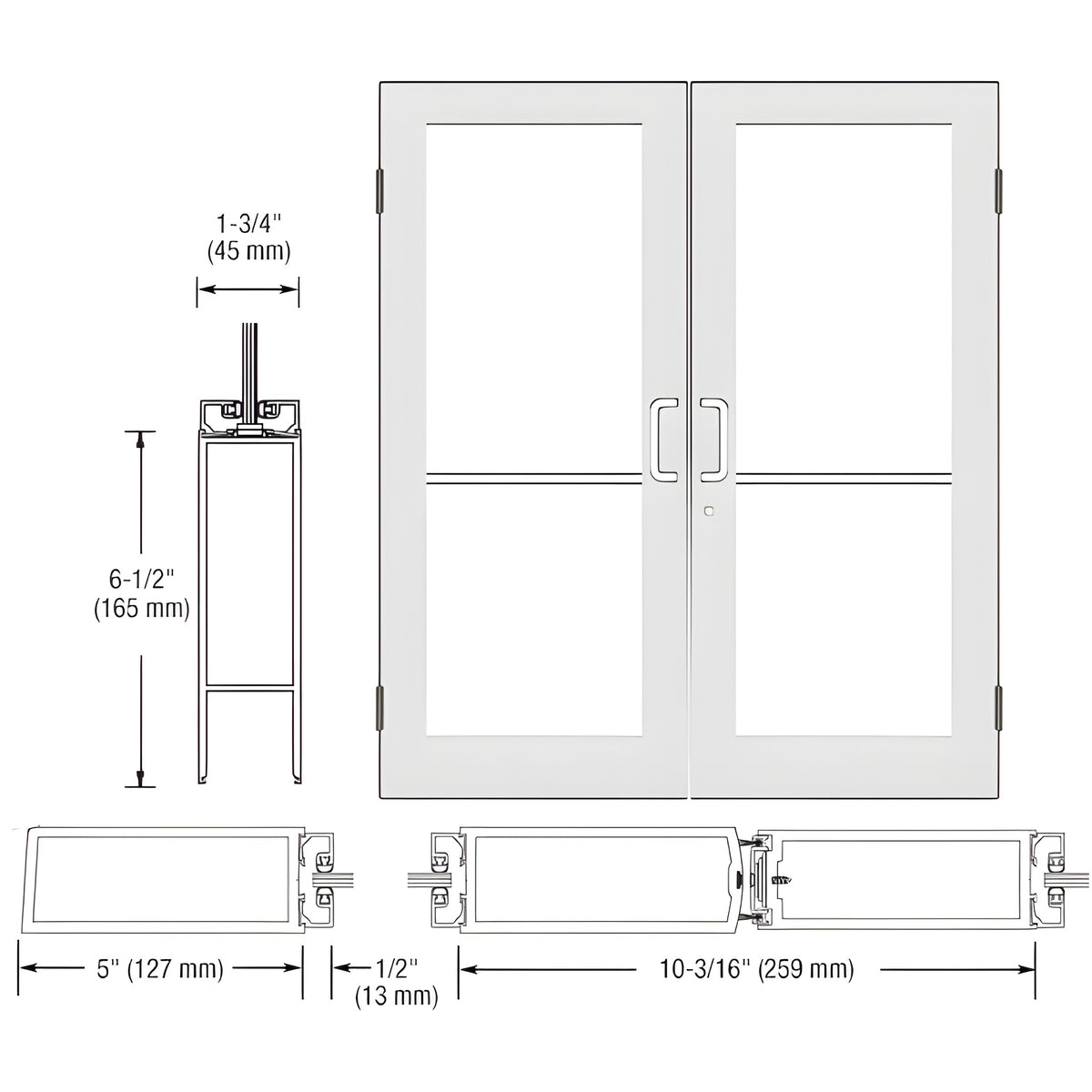 CRL-U.S. Aluminum White KYNAR® Paint Custom Size Pair Series 550 Wide Stile Butt Hinge Showroom Doors for Surface Mount Door Closers