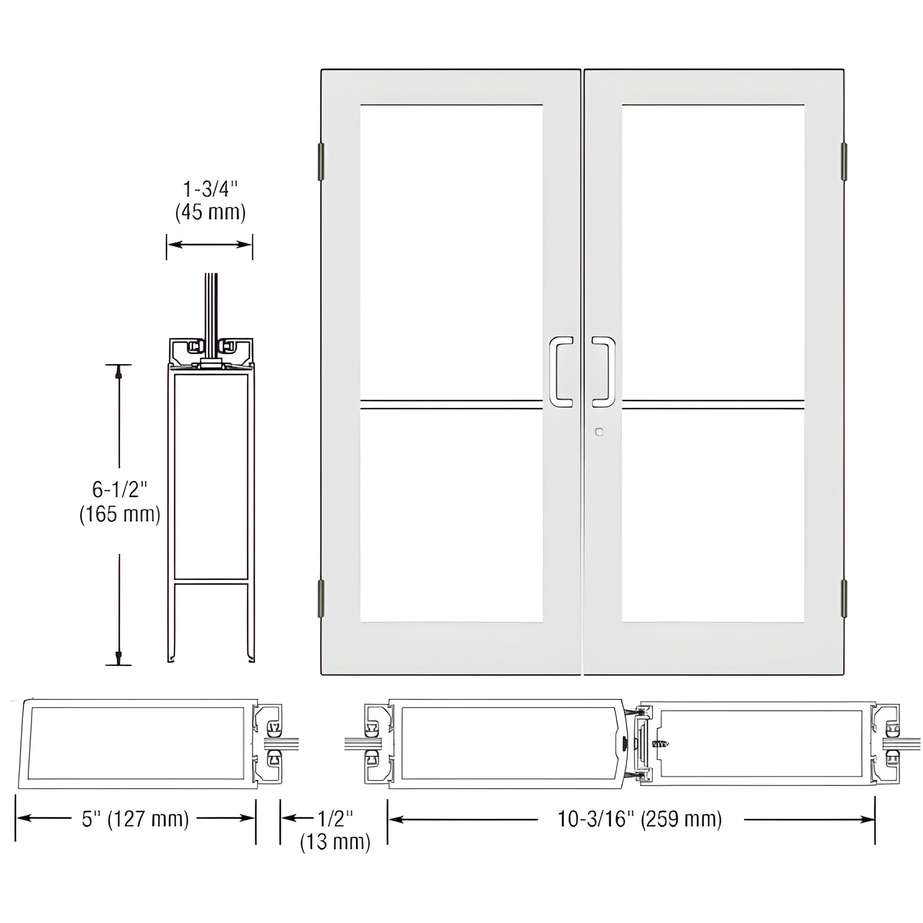 CRL-U.S. Aluminum White KYNAR® Paint Custom Size Pair Series 550 Wide Stile Butt Hinge Showroom Doors for Surface Mount Door Closers