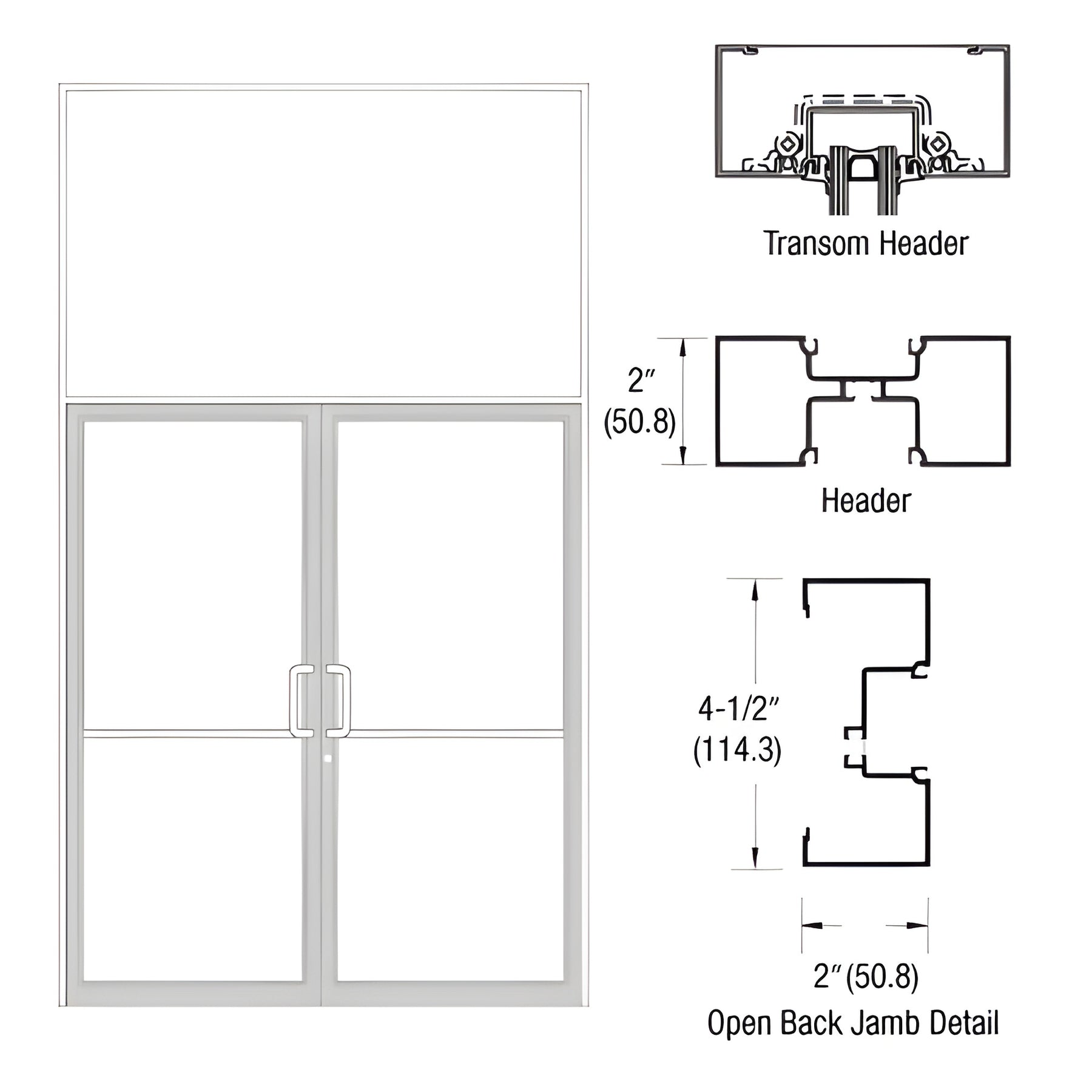 CRL-U.S. Aluminum White KYNAR Paint Custom Size Series IT451 Open Back Offset Pivot Transom Door Frame Complete (2FT)