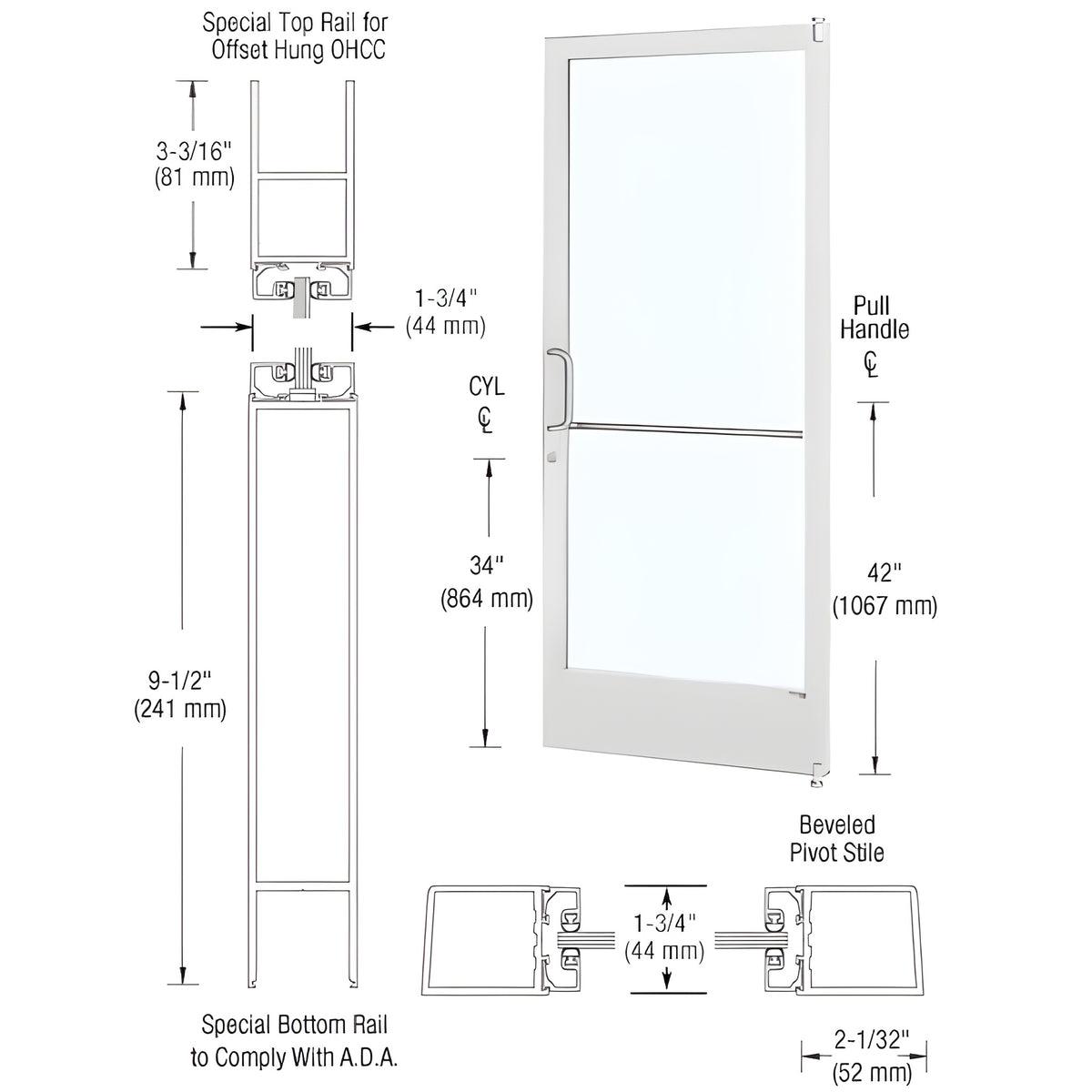 CRL-U.S. Aluminum White KYNAR® Paint Custom Size Single Series 250 Narrow Stile Offset Pivot Entrance Door for Overhead Concealed Door Closer