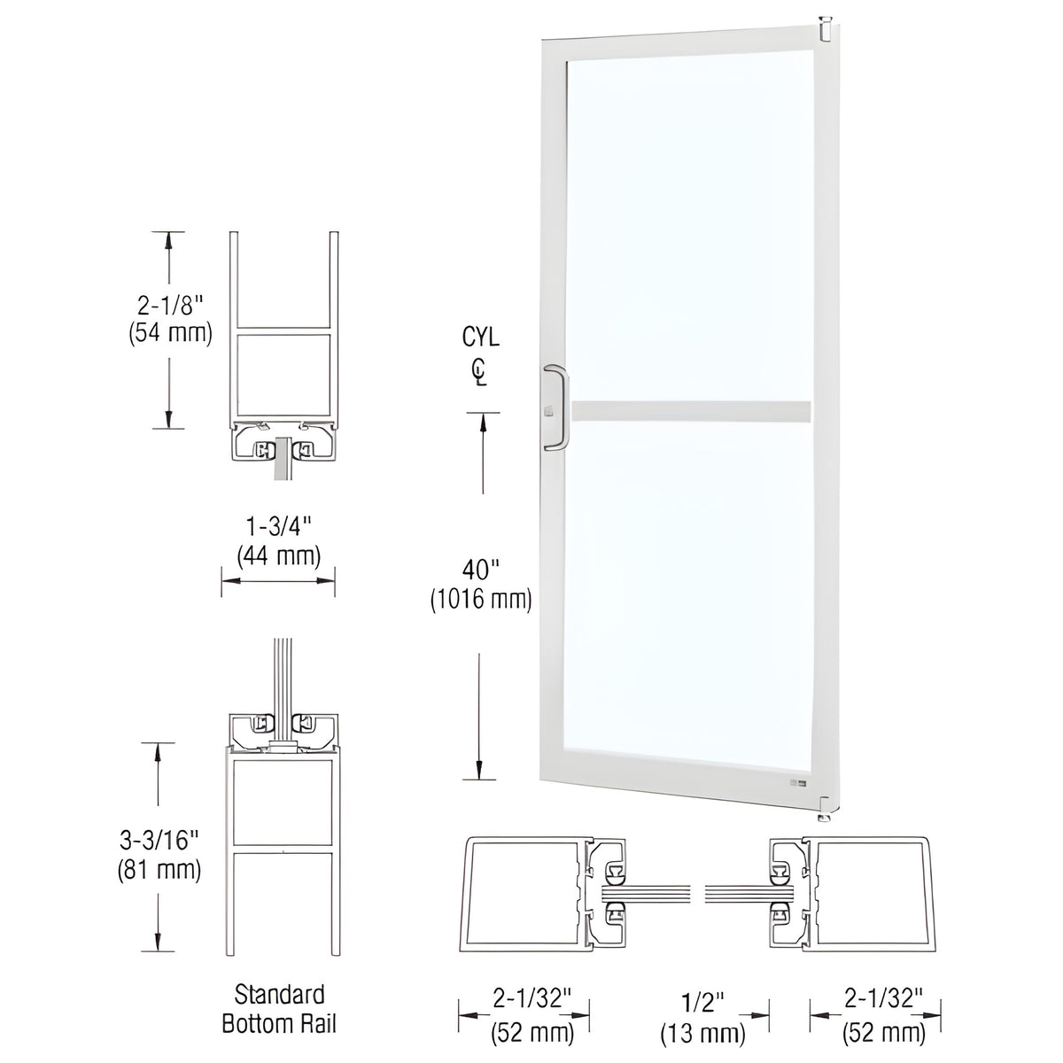 CRL-U.S. Aluminum White KYNAR® Paint Custom Size Single Series 250 Narrow Stile Offset Pivot Entrance Door With Rim Device, ADA Bottom Rail for Surface Mount Door Closer